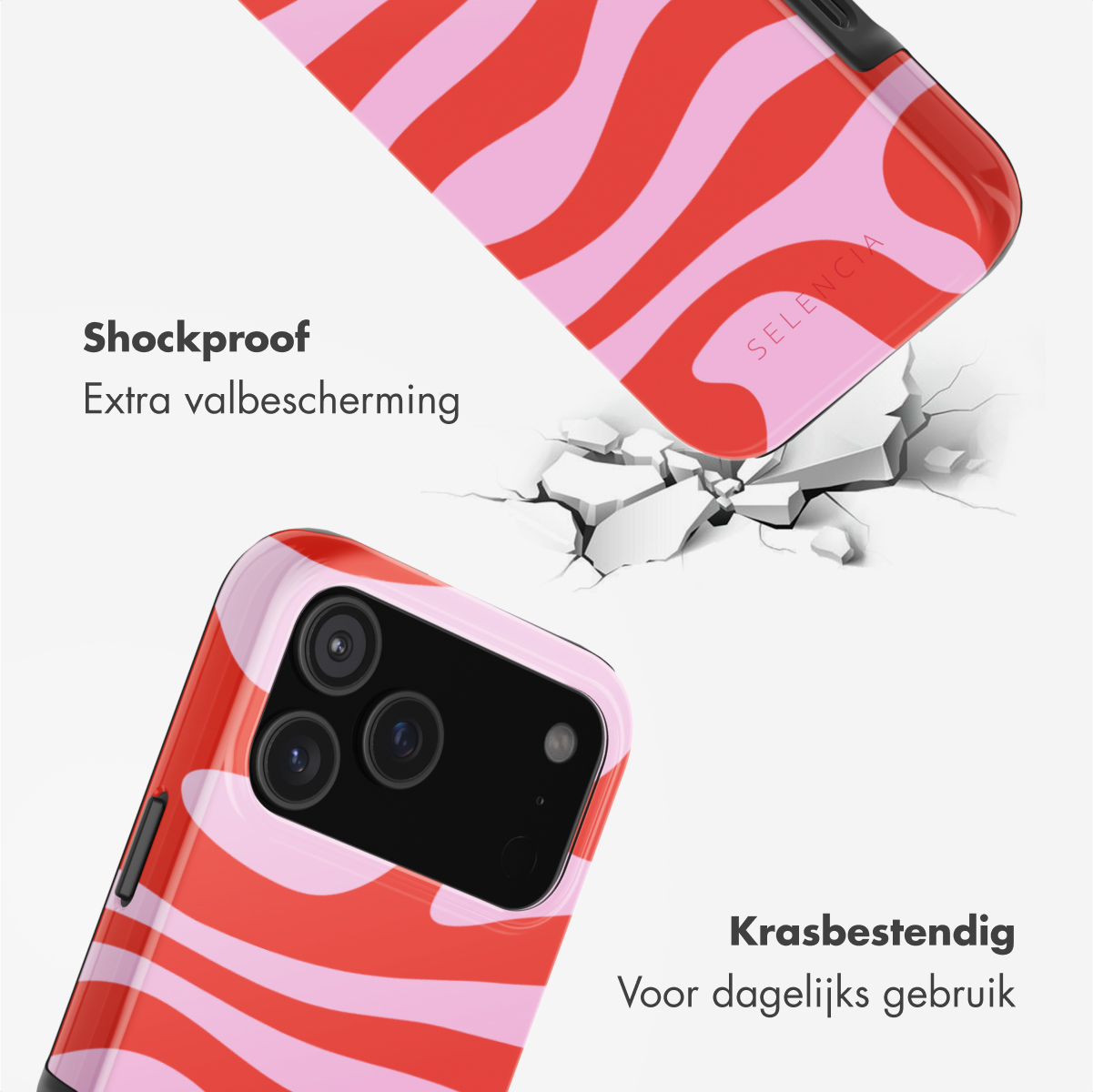 Twee telefoonhoesjes met rood-roze golfpatronen. Eén hoesje staat schuin alsof het gevallen is, met scheuren. Tekst: 'Schokbestendig'.