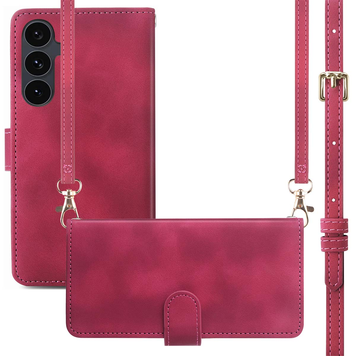 Un étui de téléphone rouge avec une sangle, un portefeuille et un téléphone. Il a une fermeture magnétique et une boucle dorée.