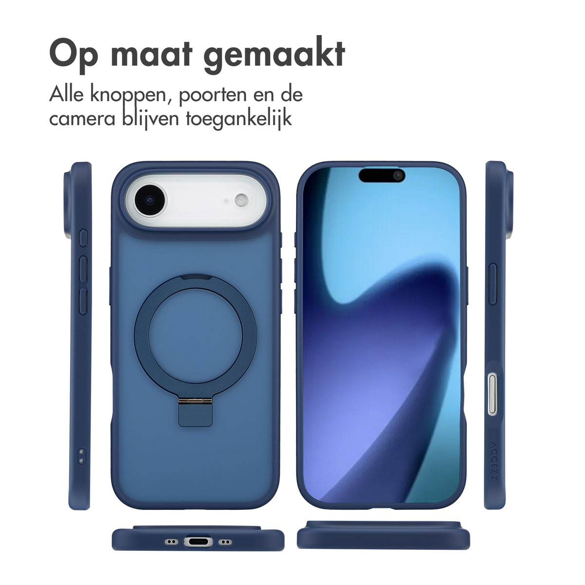 Blauwe telefoonhoesjes en telefoon. Tekst: 'Op maat gemaakt', 'Alle knoppen, poorten en de camera blijven toegankelijk'.