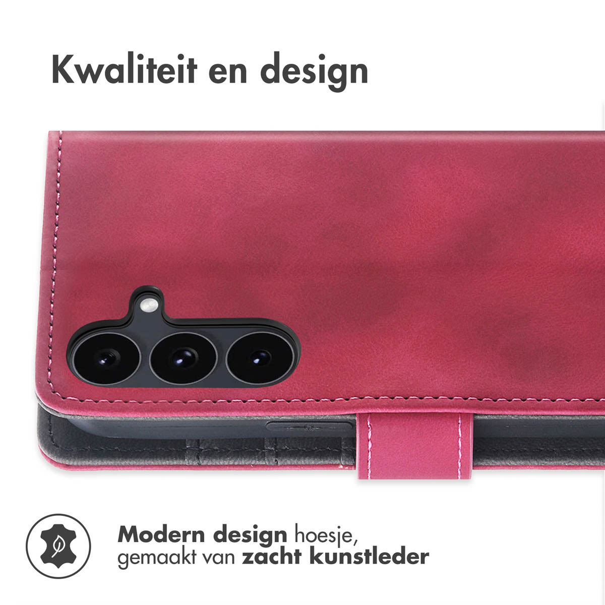 Un étui de téléphone en cuir rouge avec une section caméra visible. L'étui est étiqueté 'Design moderne, fabriqué en similicuir souple'.