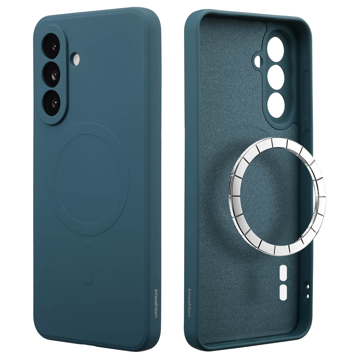 Deux étuis de téléphone sarcelle. L'un montre l'extérieur avec des découpes d'appareil photo. L'autre montre l'intérieur avec un anneau.