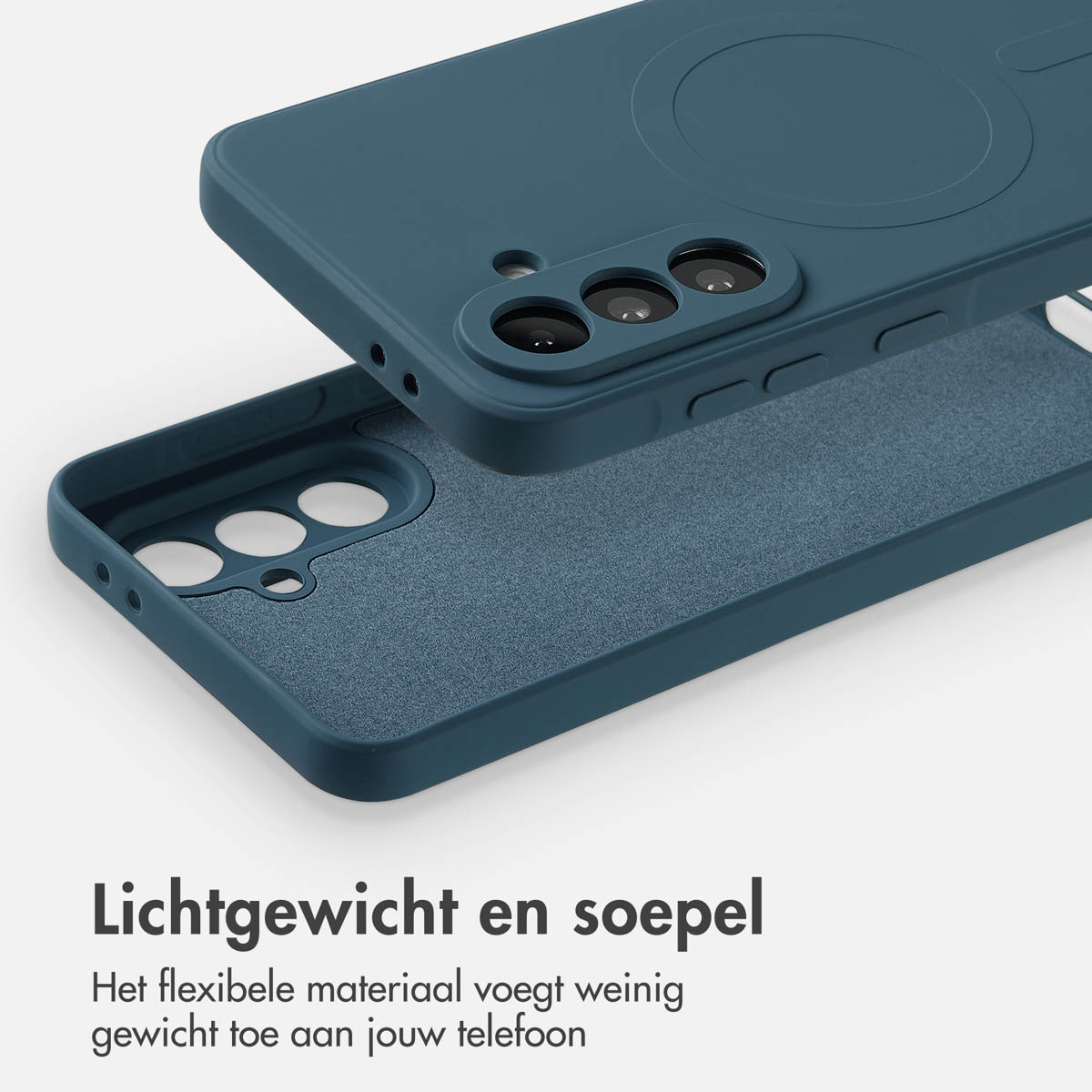 Coque de téléphone teal en deux parties. Partie supérieure avec trous pour caméra et boutons. Partie inférieure texturée. Texte: 'Léger et lisse'.