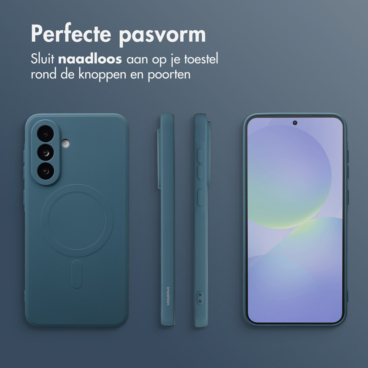 Un téléphone avec une coque bleu-vert. Le texte ci-dessus indique 'Ajustement parfait'. Téléphone, côtés du boîtier et écran sont présentés. La coque porte la marque.