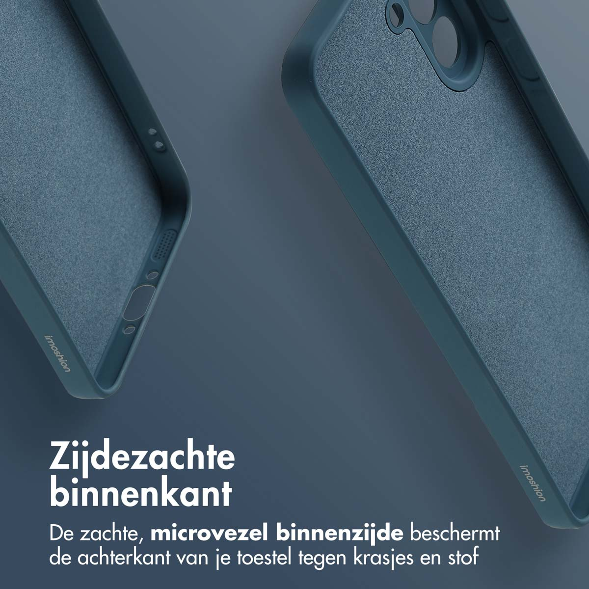 Deux coques de téléphone bleu-vert sont présentées. L'intérieur de la coque a une texture douce. Le texte en bas dit "Intérieur doux". 