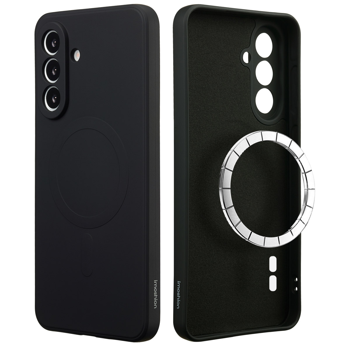 Deux coques de téléphone noires. Une pleine, l'autre ouverte montrant l'intérieur. Les deux ont des découpes pour caméra et la marque 'imoshiion'.