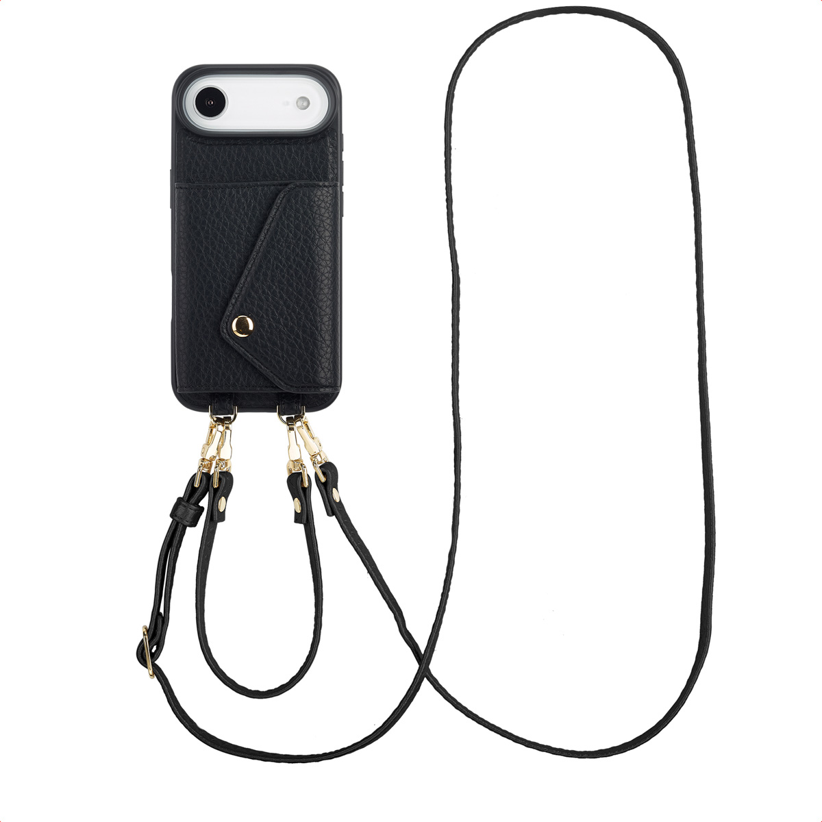 Étui de téléphone en cuir noir avec une sangle. Fermoirs dorés et un long cordon noir. Fond blanc.