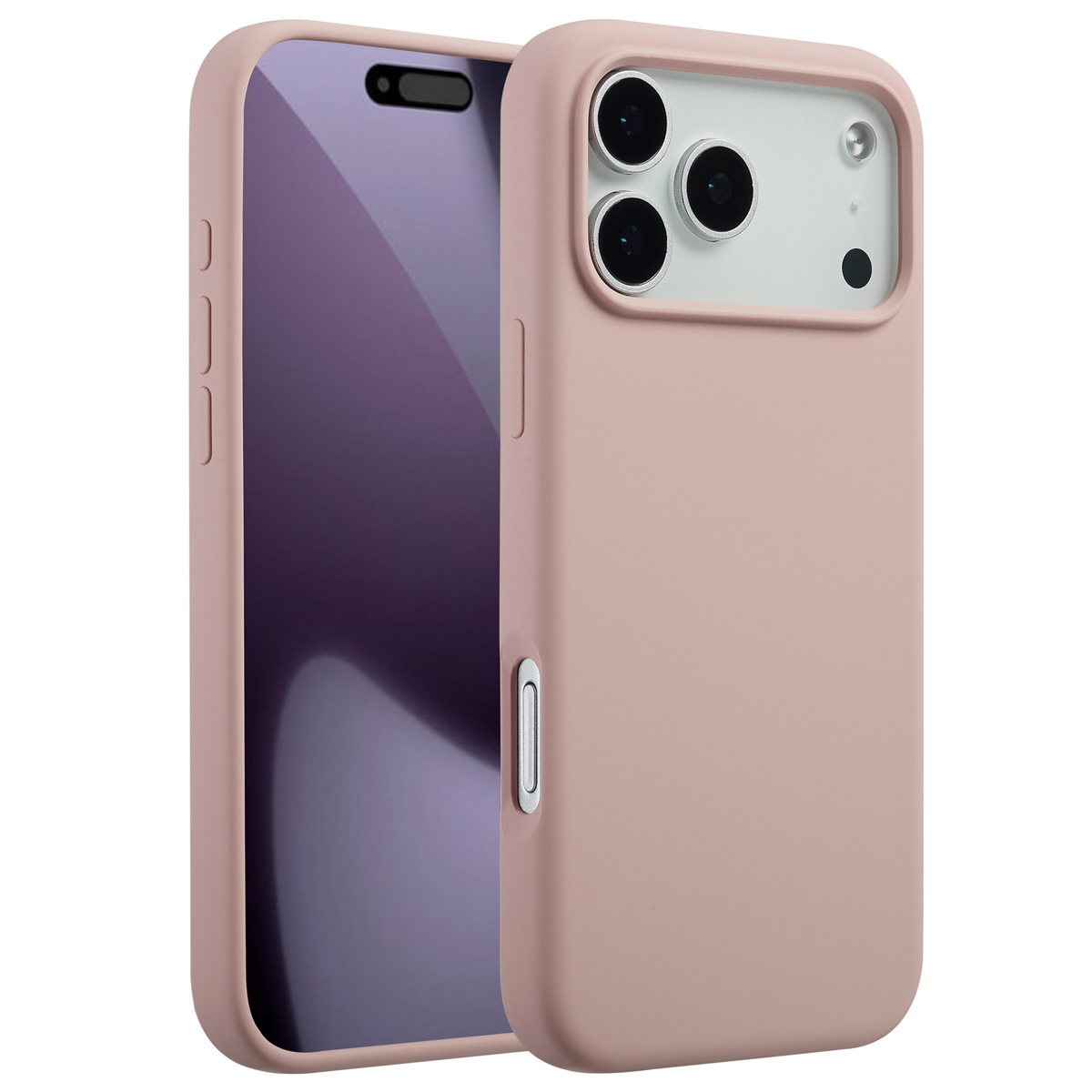 Een roze telefoonhoesje met een telefoon erin. Het scherm van de telefoon is paars en het camera-gebied is zichtbaar.