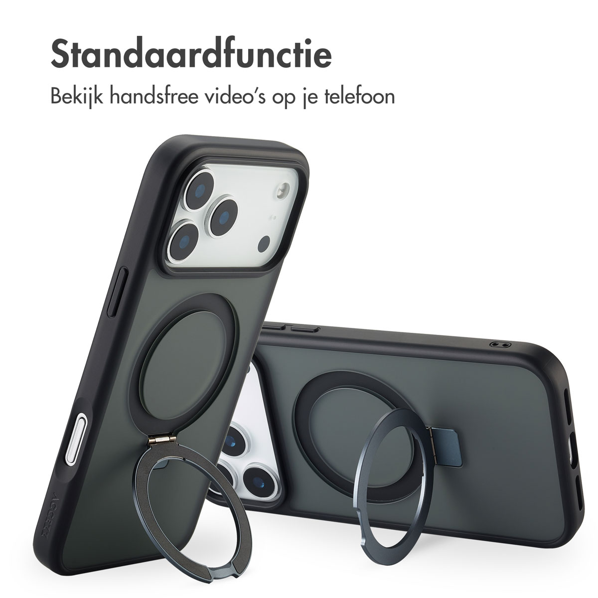 Zwei Handyhüllen mit Ringhaltern. Eine ist hochgestellt. Die Hüllen sind dunkelgrün mit schwarzen Rändern, weißer Hintergrund.