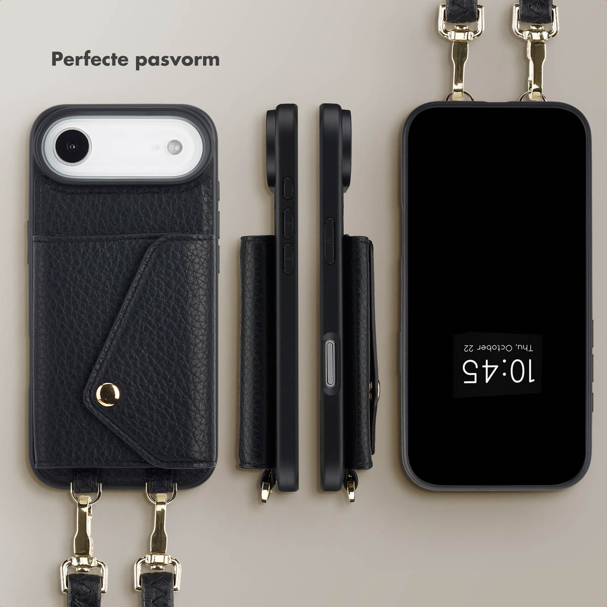 Trois étuis de téléphone noirs avec des sangles amovibles et un téléphone avec un écran noir affichant l'heure.