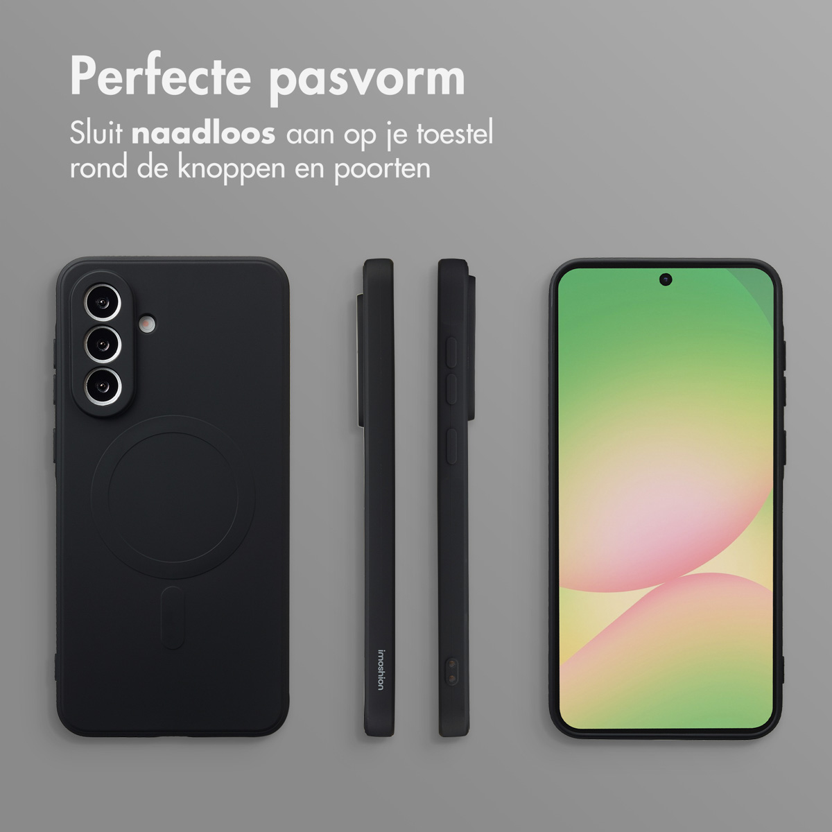 Maquette d'étui de téléphone noir. Trois téléphones sont affichés : un avec l'écran allumé, deux avec vue latérale et un montrant l'arrière.