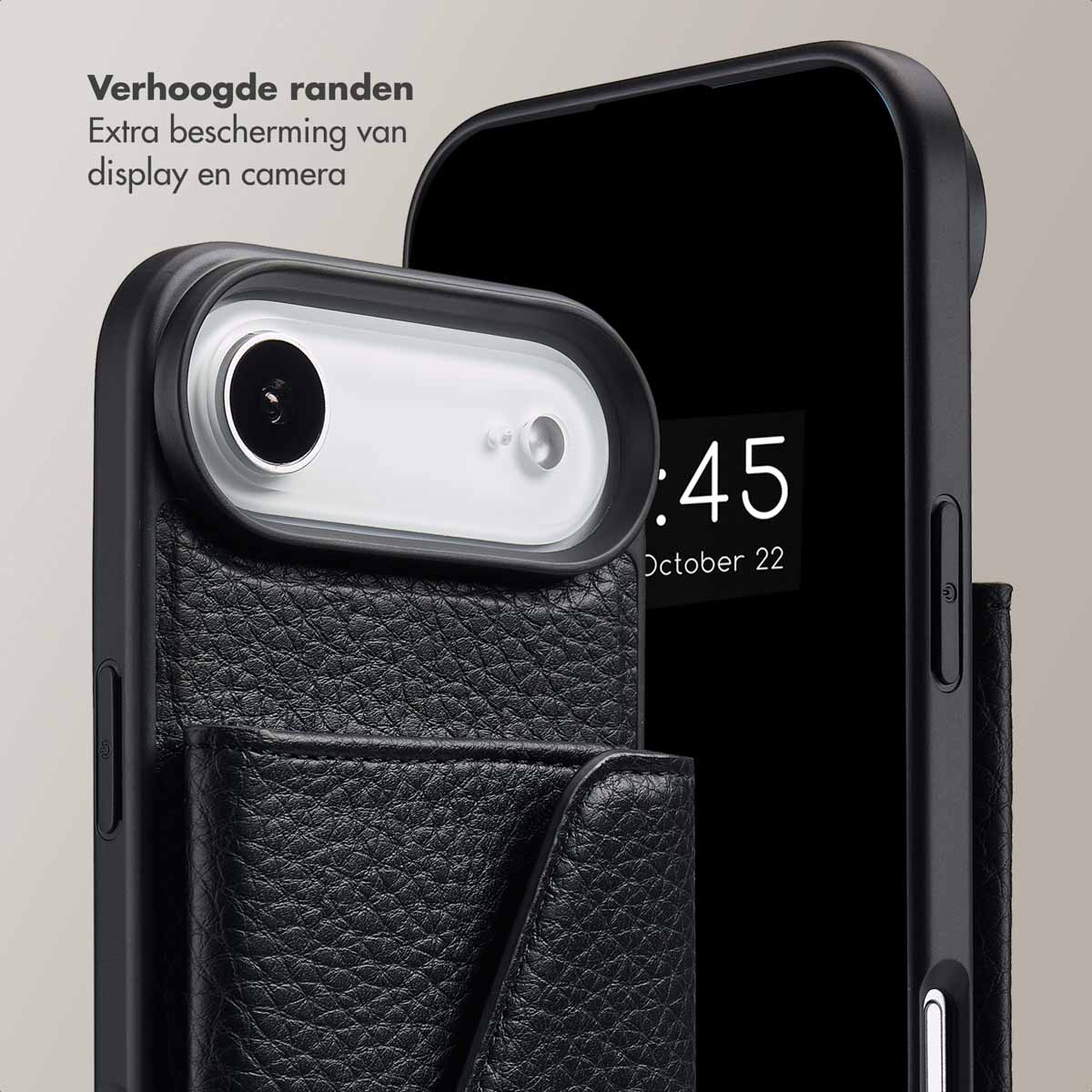 Coque de téléphone noire avec portefeuille en cuir. L'écran affiche l'heure. L'étui protège l'écran et la caméra.