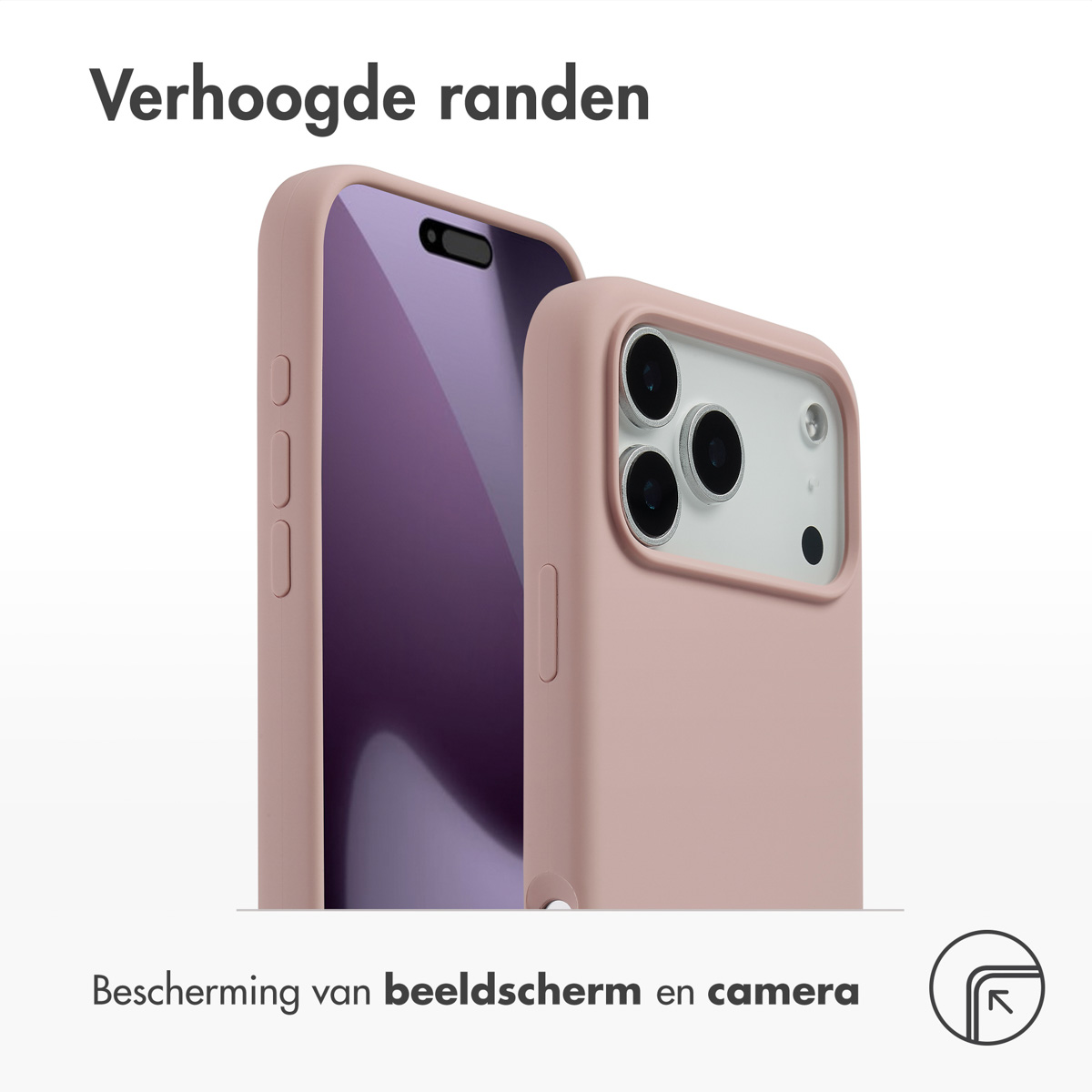 Een roze telefoonhoesje op een telefoon. De hoes heeft verhoogde randen voor scherm- en camerabescherming.