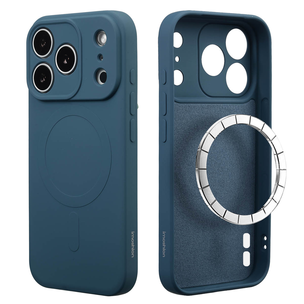 Twee blauwgroene telefoonhoesjes. Eén effen, de andere open, met een zilveren ring. Beide hebben de tekst 'imoshion'.