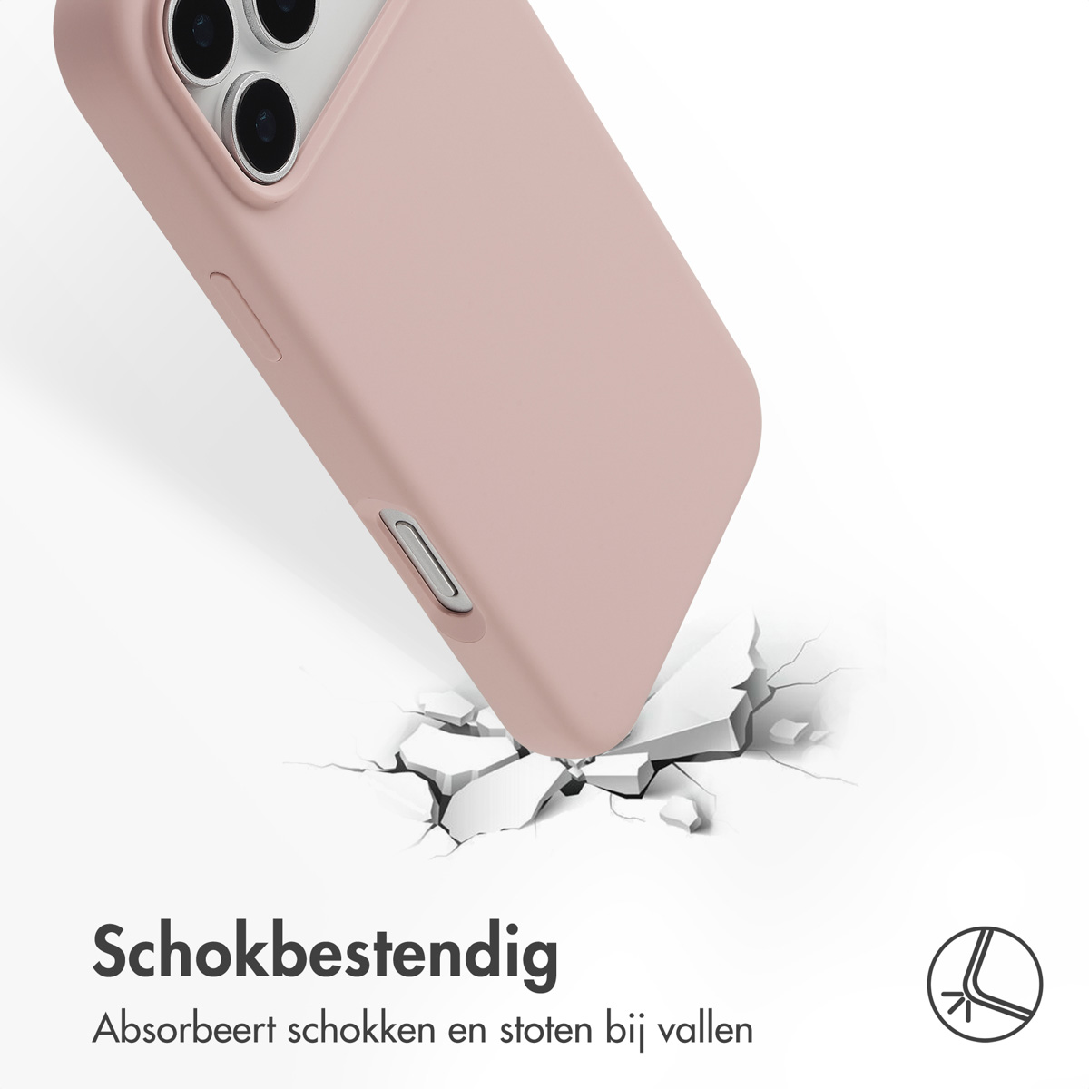 Een roze telefoonhoes die een oppervlak raakt, waardoor het barst. De cameralenzen van de telefoon zijn zichtbaar. Tekst: 'Schokbestendig'.