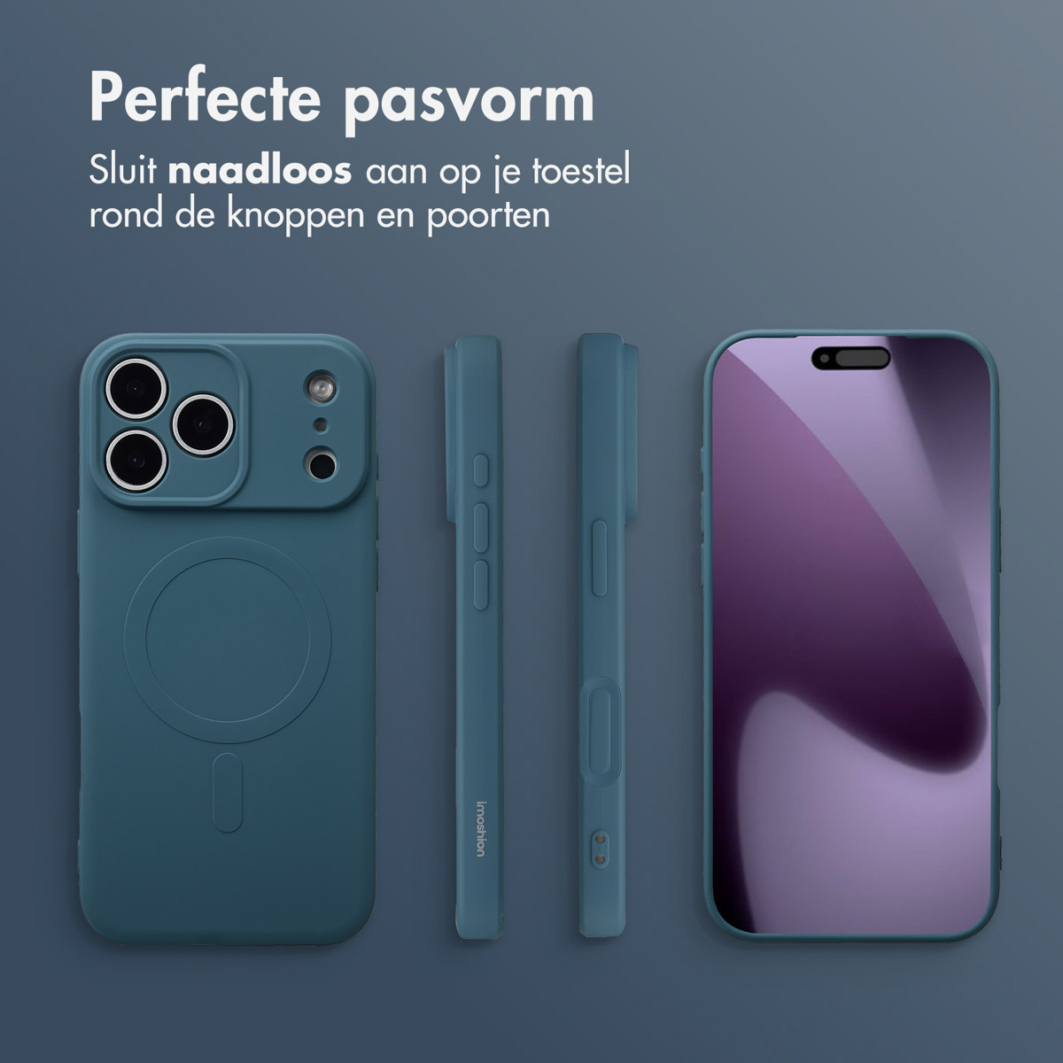 Afbeelding toont een teal telefoonhoesjesset. De hoes wordt vanuit verschillende hoeken getoond, waarbij het ontwerp en de pasvorm worden benadrukt.
