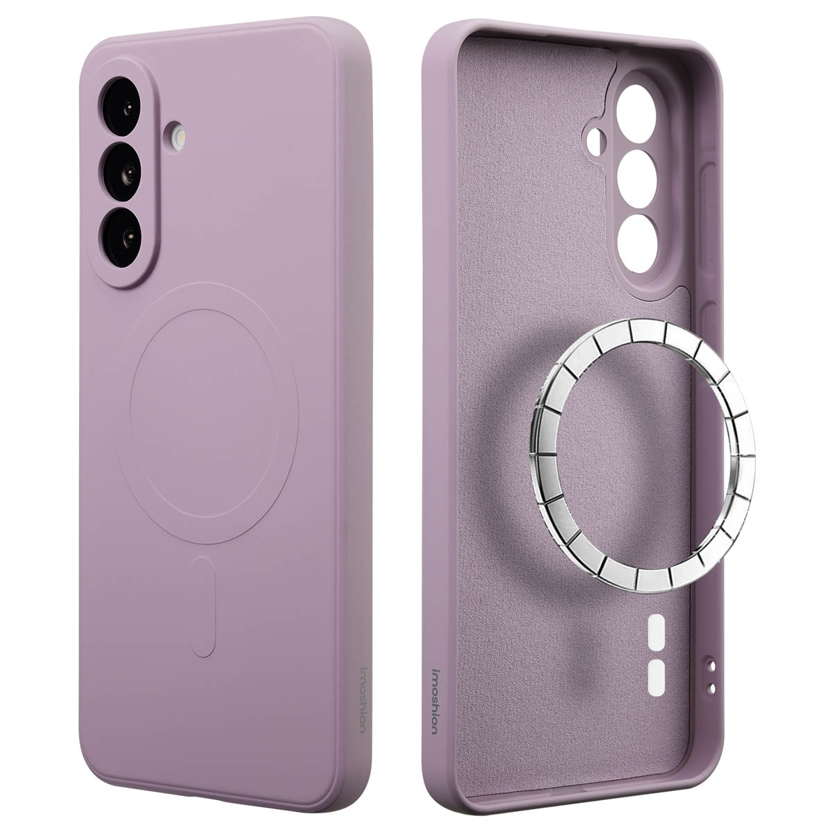 Twee lavendelkleurige telefoonhoesjes. Eén heeft een telefoon met camera's, een cirkel en een inkeping. De andere heeft een zilveren ring.