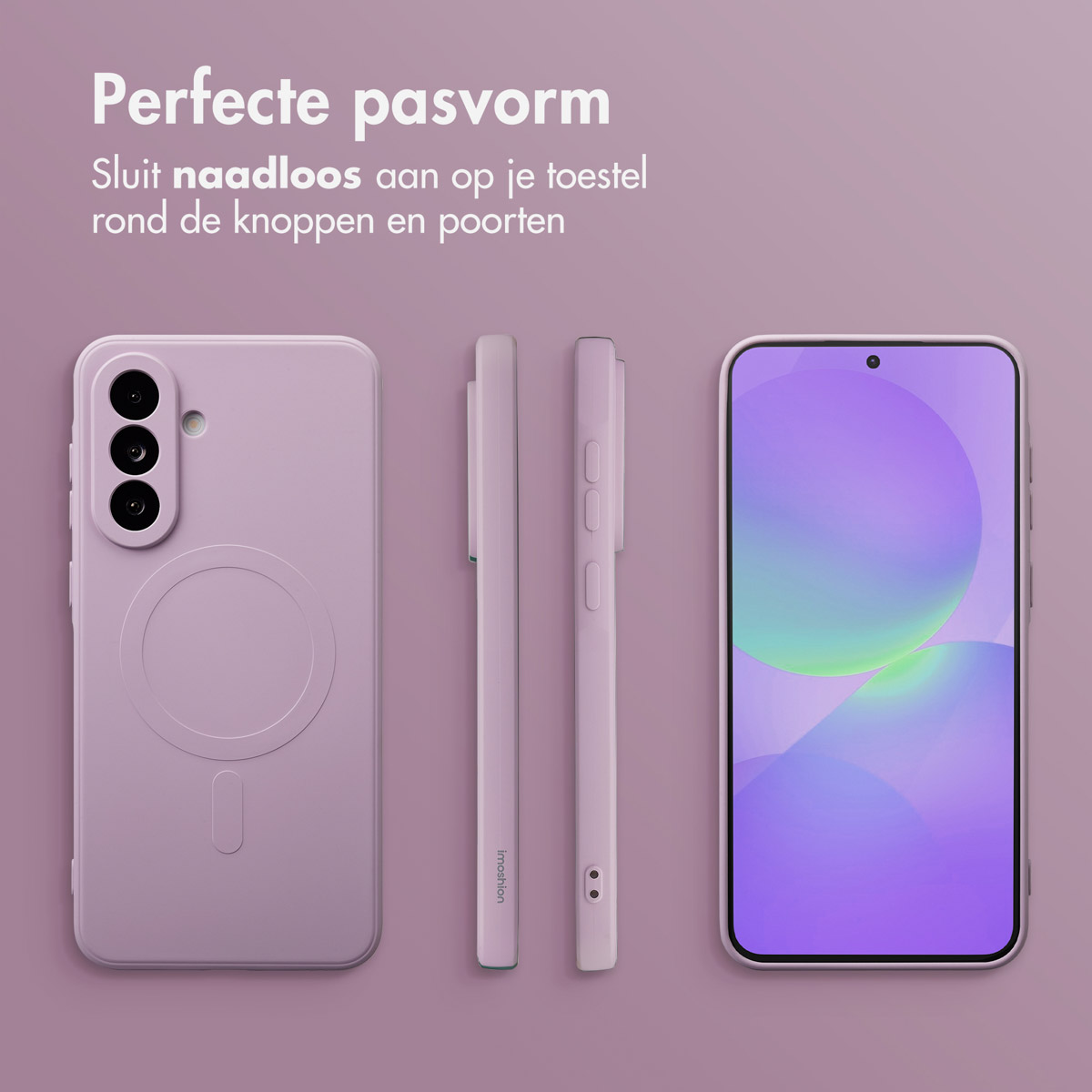 Een lila telefoonhoesje en telefoon worden getoond. De hoes wordt vanuit verschillende hoeken getoond. Het scherm toont een paars en groen ontwerp.