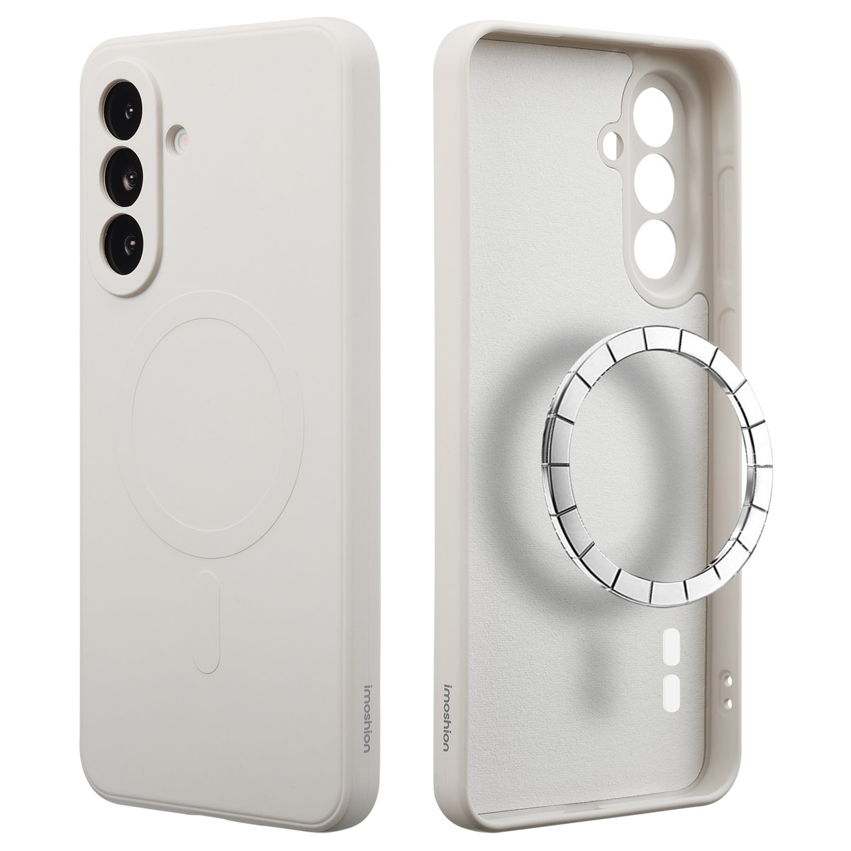 Twee lichtbeige telefoonhoesjes, één met camera, de andere met een zilveren ring. Beide op een witte achtergrond.