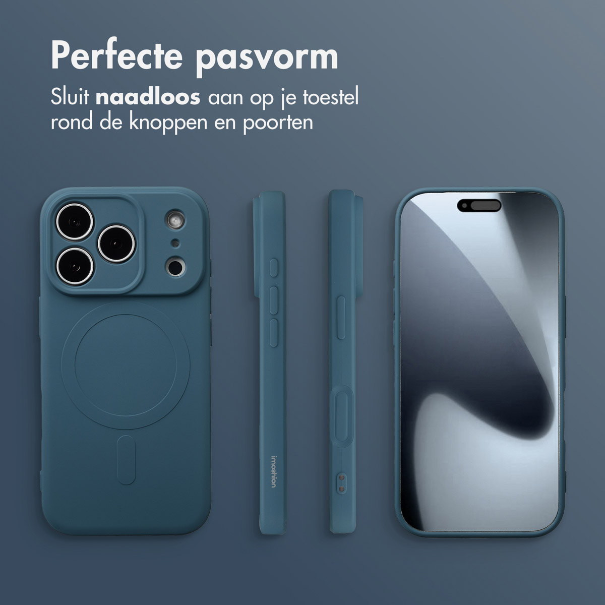 Afbeelding toont een teal telefoonhoesje en schermbeschermer. Tekst zegt 'Perfecte pasvorm' en 'Past naadloos'.