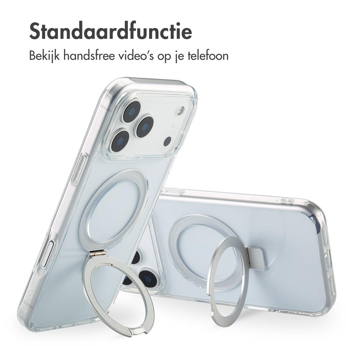 Deux coques de téléphone transparentes avec des anneaux argentés sont affichées. Le texte en haut dit 'Fonction standard'. Les lentilles de la caméra du téléphone sont visibles.