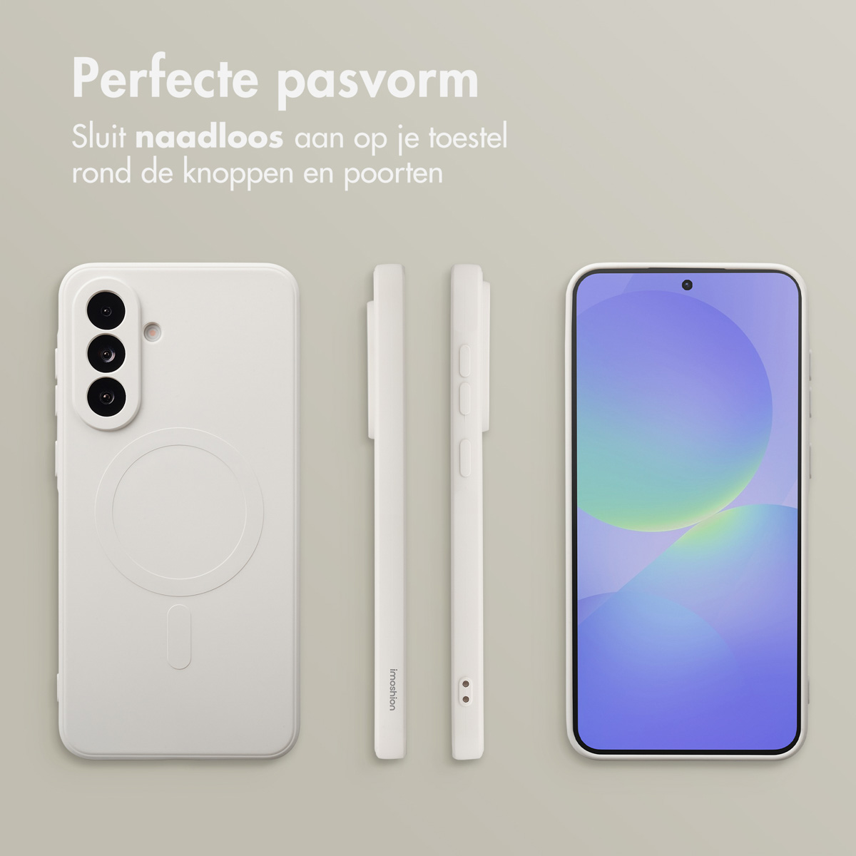 Witte telefoonhoes en telefoon met blauw-groen scherm. Twee witte stylussen naast de telefoon. Tekst bovenaan.