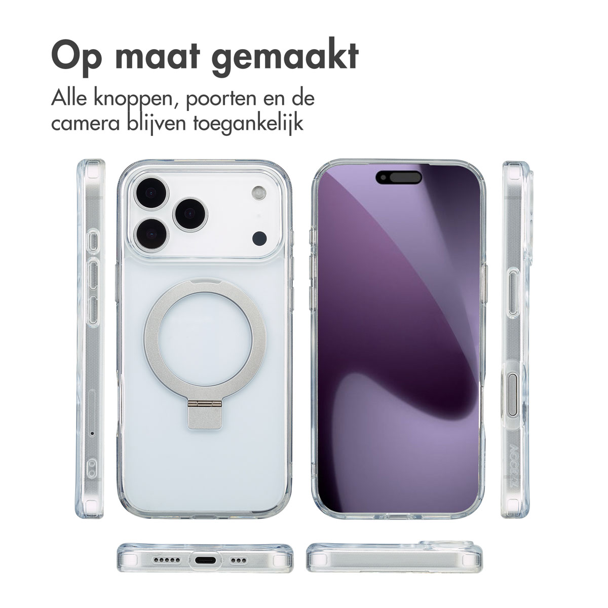 Coques de téléphone transparentes affichées, avec une montrant l'arrière et une autre l'avant avec un protecteur d'écran violet, et vues latérales.