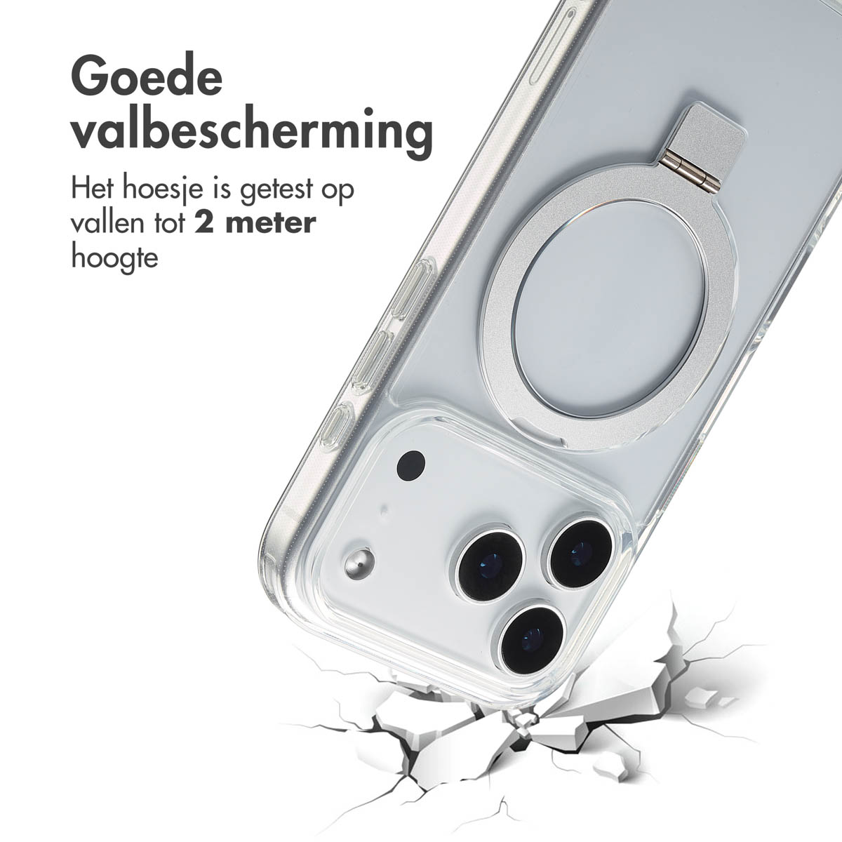 Une coque de téléphone avec support anneau tombe, heurte une surface. Texte: Bonne protection contre les chutes, testé jusqu'à 2 mètres.
