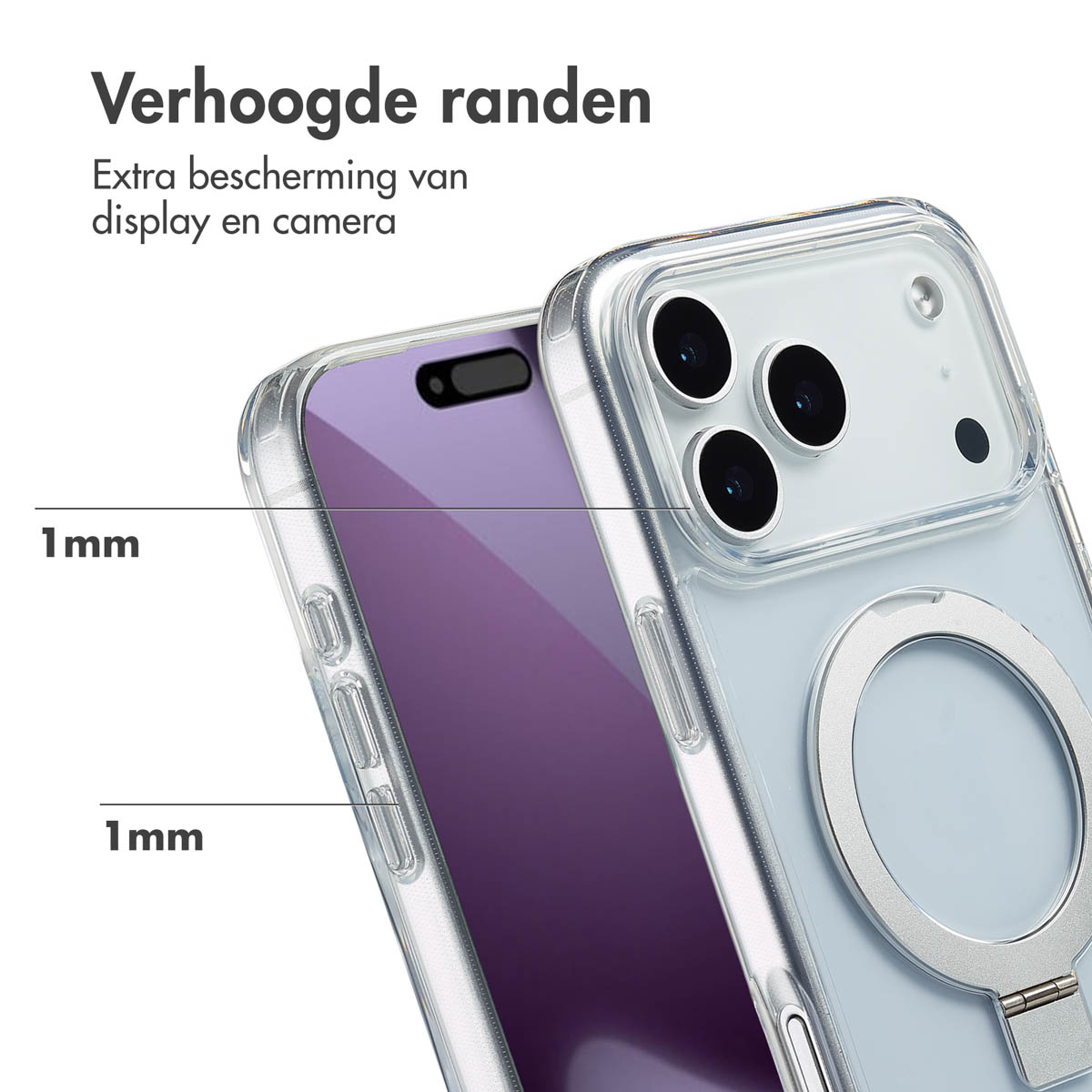 Coque de téléphone transparente avec bords surélevés. Protège l'écran et la caméra. Le téléphone est violet, la coque bleu clair et argentée.