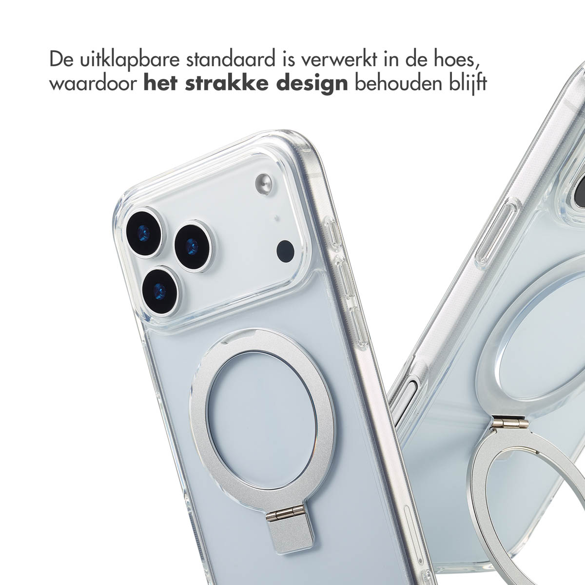 Deux coques de téléphone transparentes avec des supports en anneau argentés. Le texte indique que le support est intégré, conservant un design épuré.