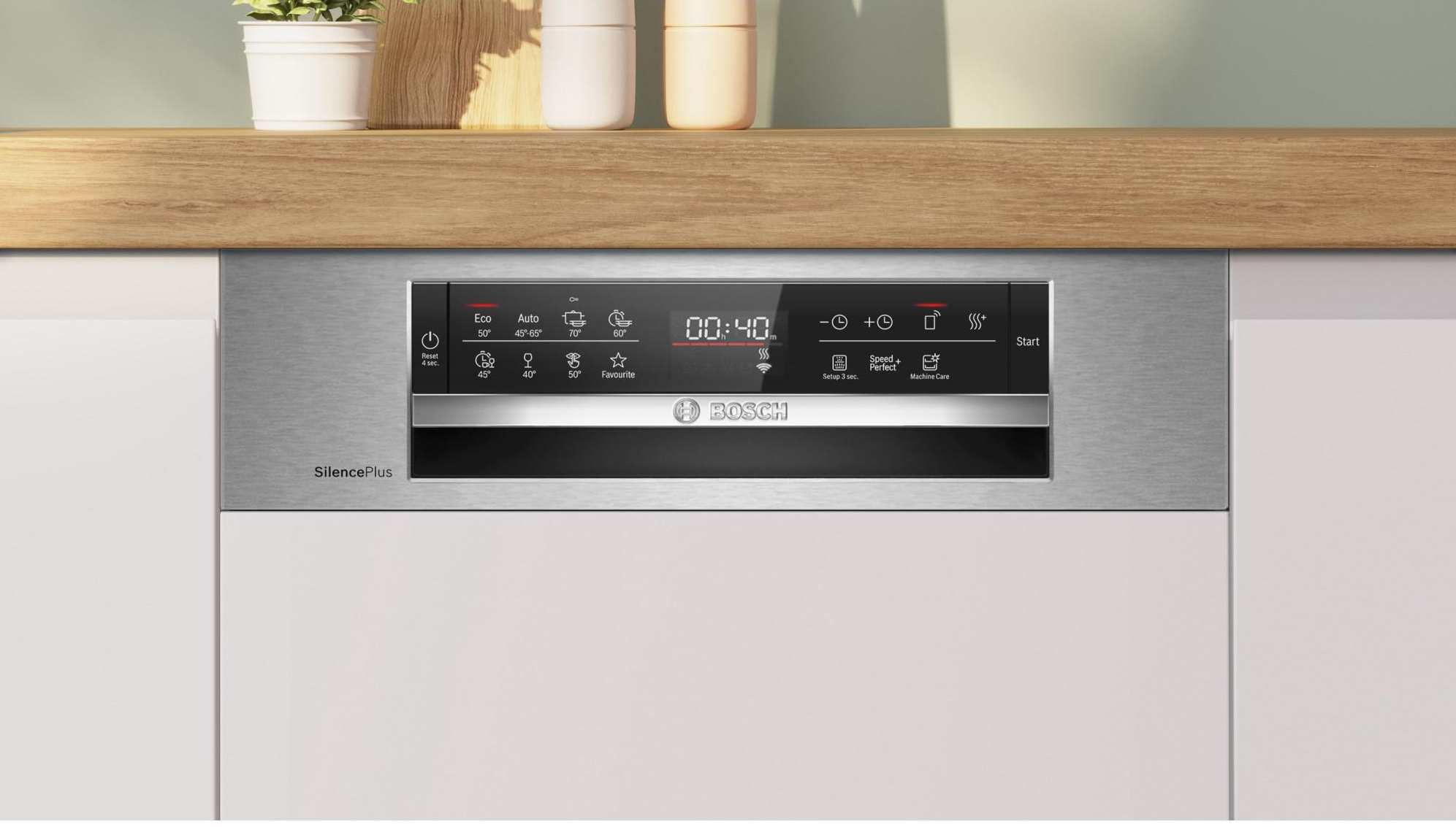 Panel sterowania zmywarki Bosch z wyświetlaczem cyfrowym pokazującym 00:40. Widoczne przyciski Eco, Auto i innych ustawień.