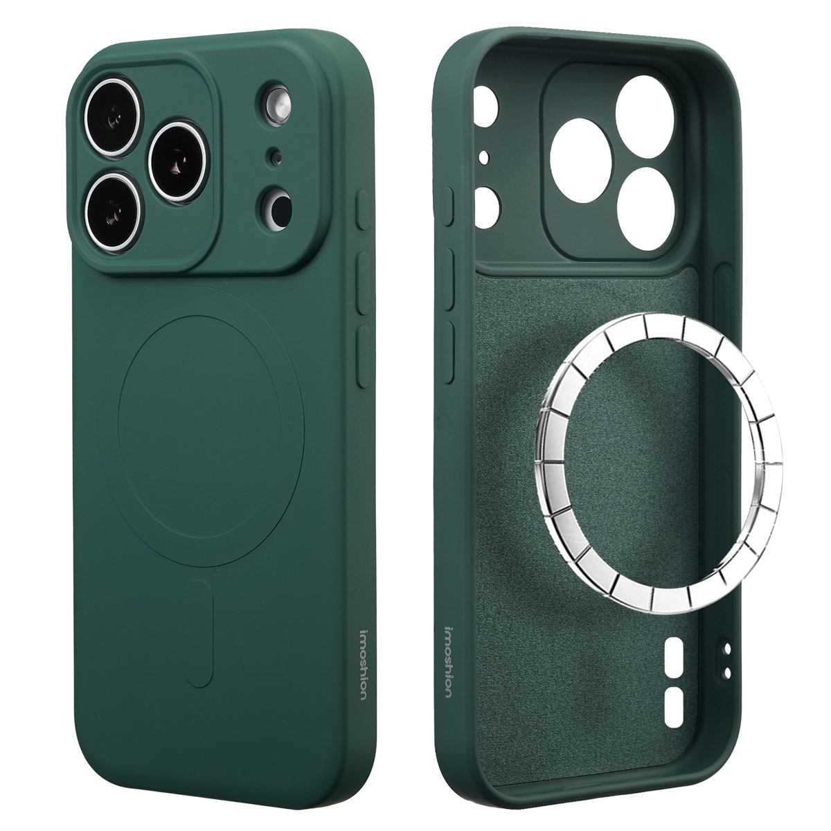 Twee groene telefoonhoesjes, een met de camera-uitsparingen, de andere met de binnenkant zichtbaar en een metalen ring.