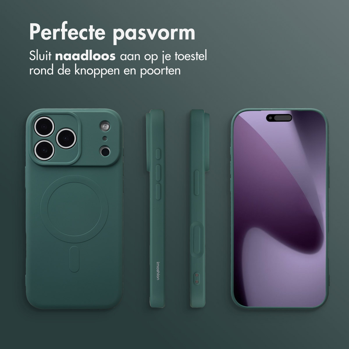 Groene telefoonhoesjes met perfecte pasvorm, met close-ups van zijkanten en voorkant. Tekst: 'Perfecte pasvorm' en 'Past naadloos'.