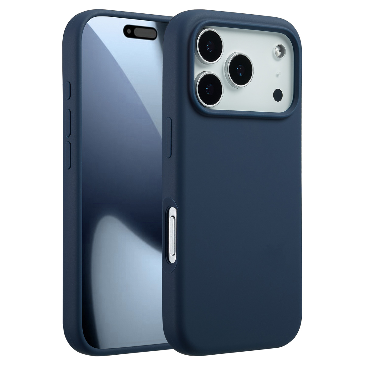 Deux coques de téléphone bleu foncé, une ouverte, montrant l'écran et les objectifs de l'appareil photo du téléphone.