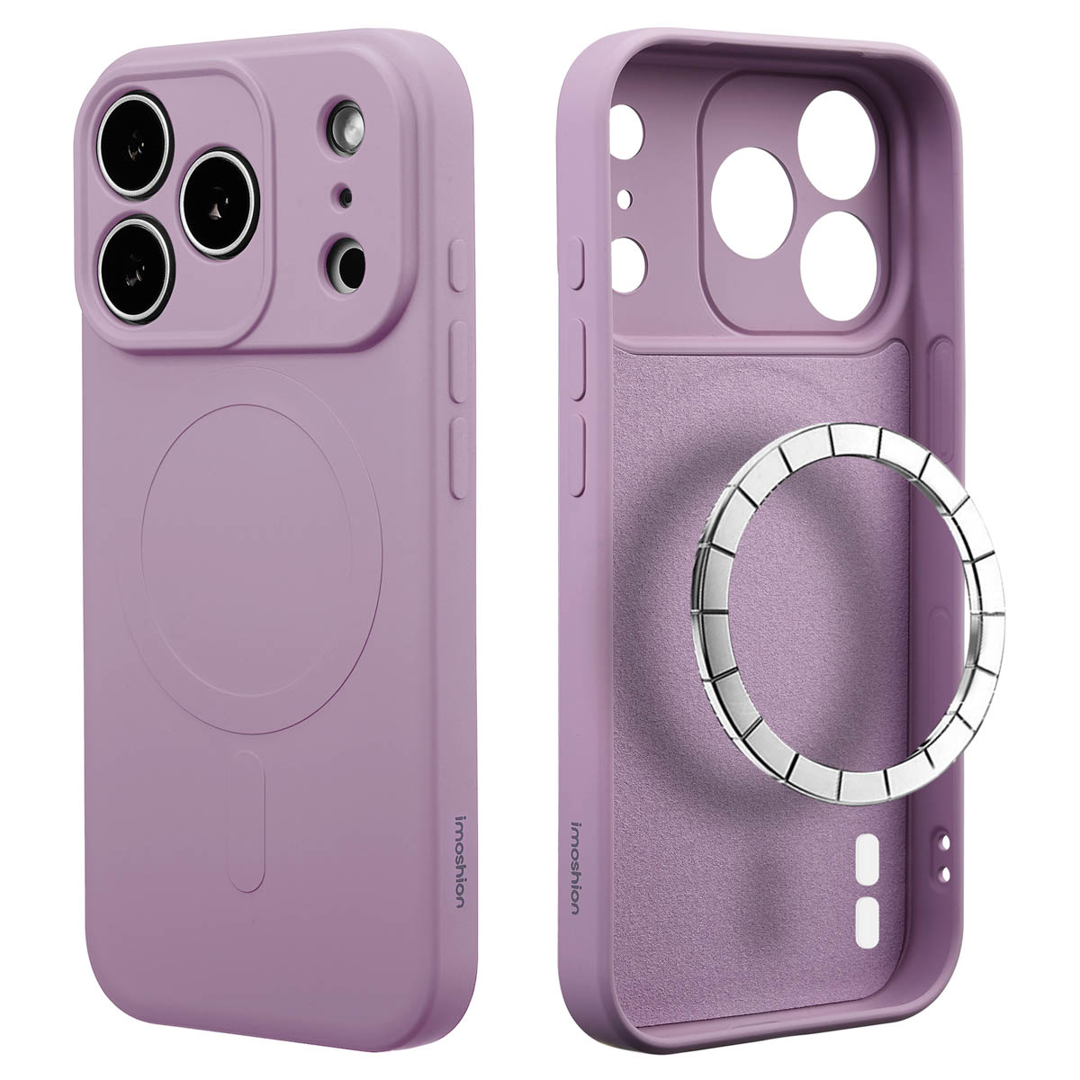 Twee paarse telefoonhoesjes met camera-uitsparingen, één met een zilveren ring. De hoesjes hebben het 'imoshion' logo.