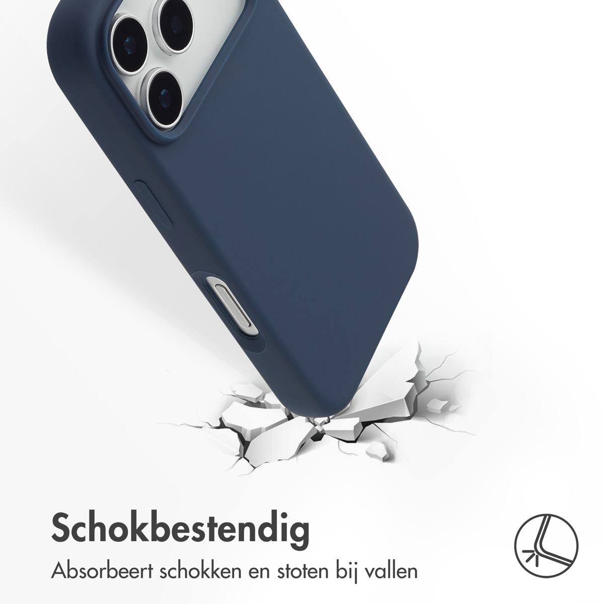 Un étui de téléphone bleu foncé tombe, fissurant le sol. L'étui a des découpes pour l'appareil photo. Texte : 'Antichoc'.