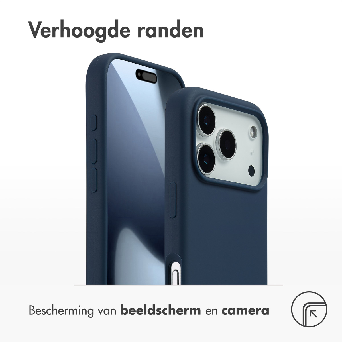 Deux coques de téléphone bleues, une avec écran visible et l'autre avec découpes pour caméra. Texte : 'Verhoogde randen' et 'Bescherming van beeldscherm en camera'.