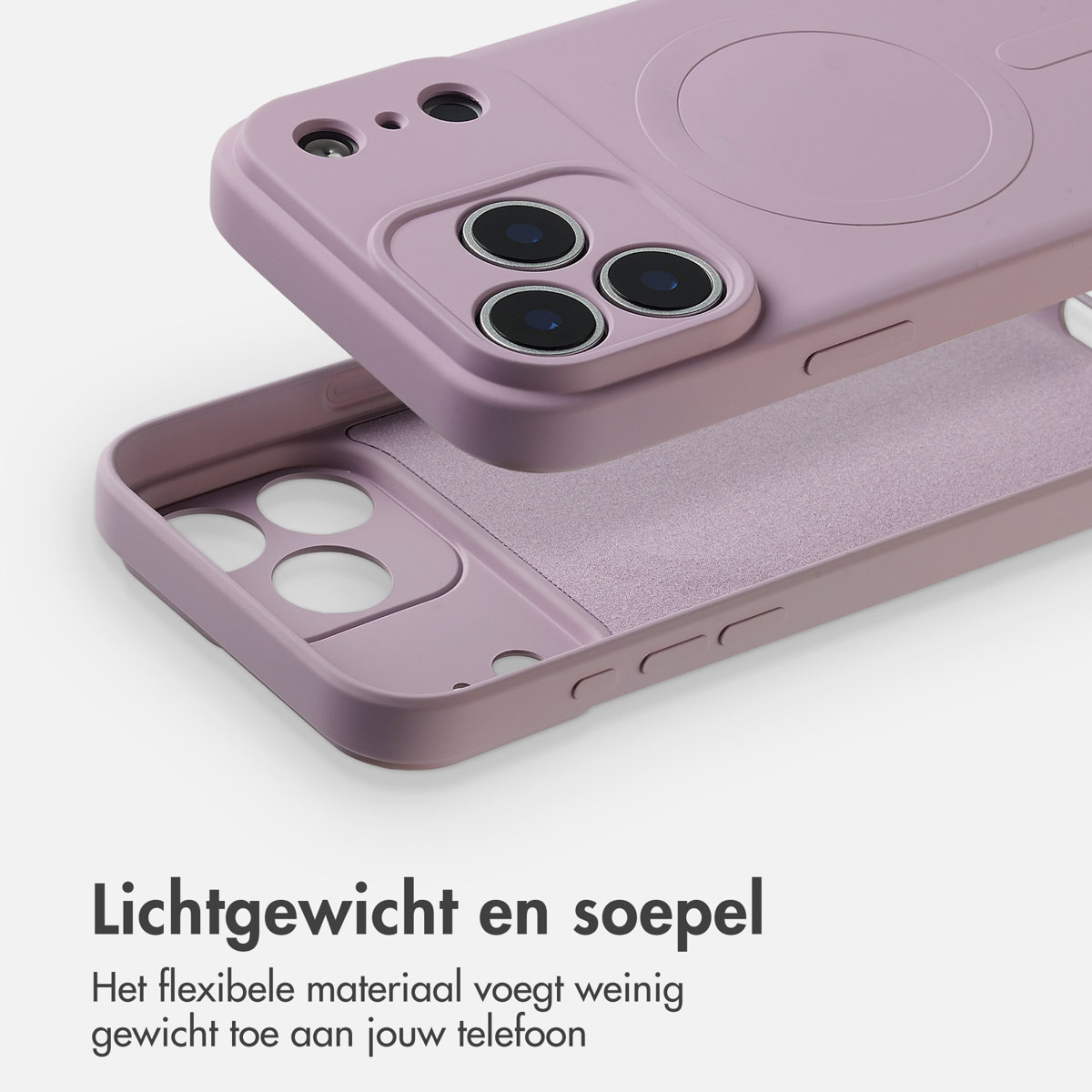 Een lichtpaarse telefoonhoes, getoond in twee delen. Eén deel heeft camera gaten en een cirkelvormig ontwerp. Het andere deel is de basis.