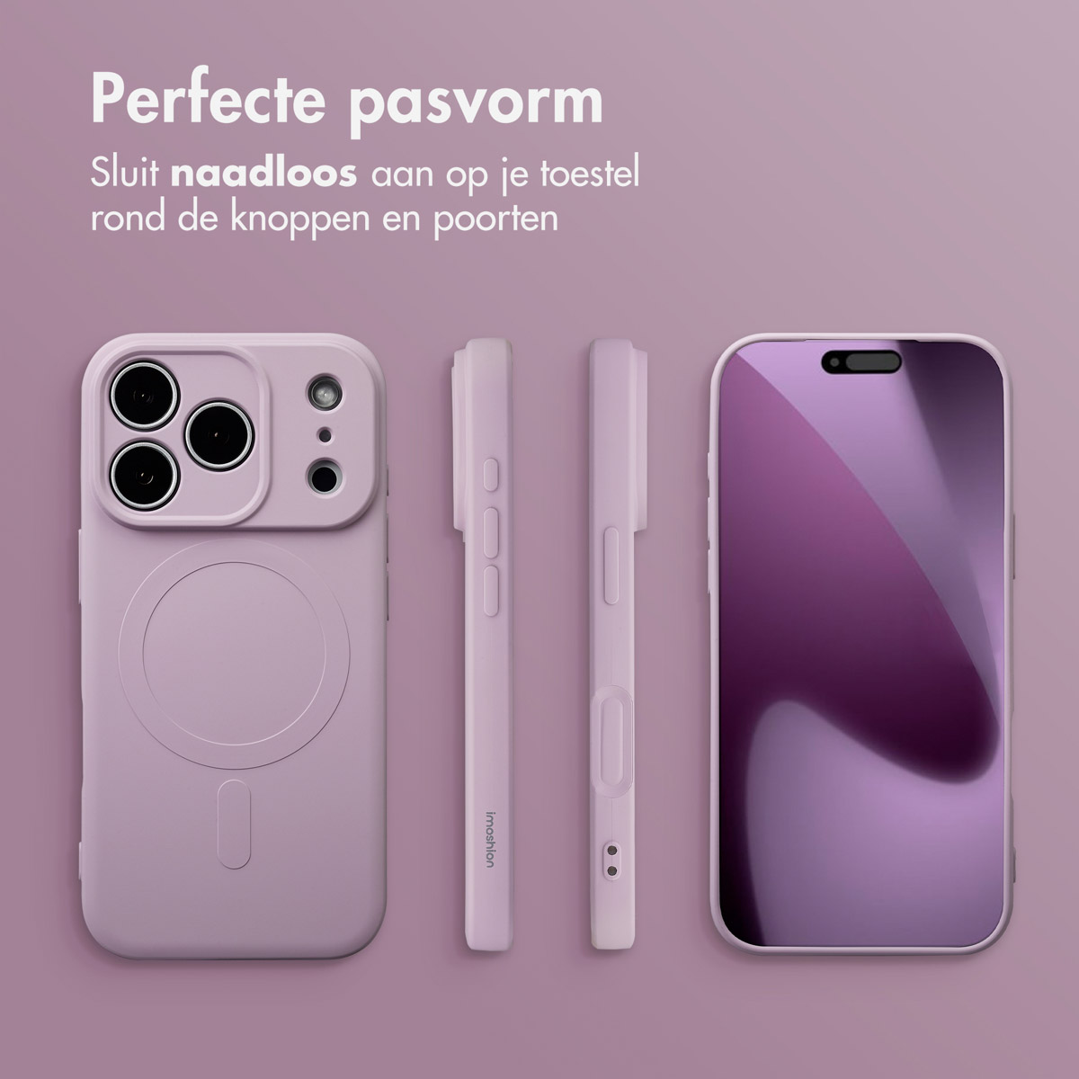 Een paarse telefoonhoes en schermbeschermer. De hoes is perfect passend, met details. Tekst is zichtbaar.