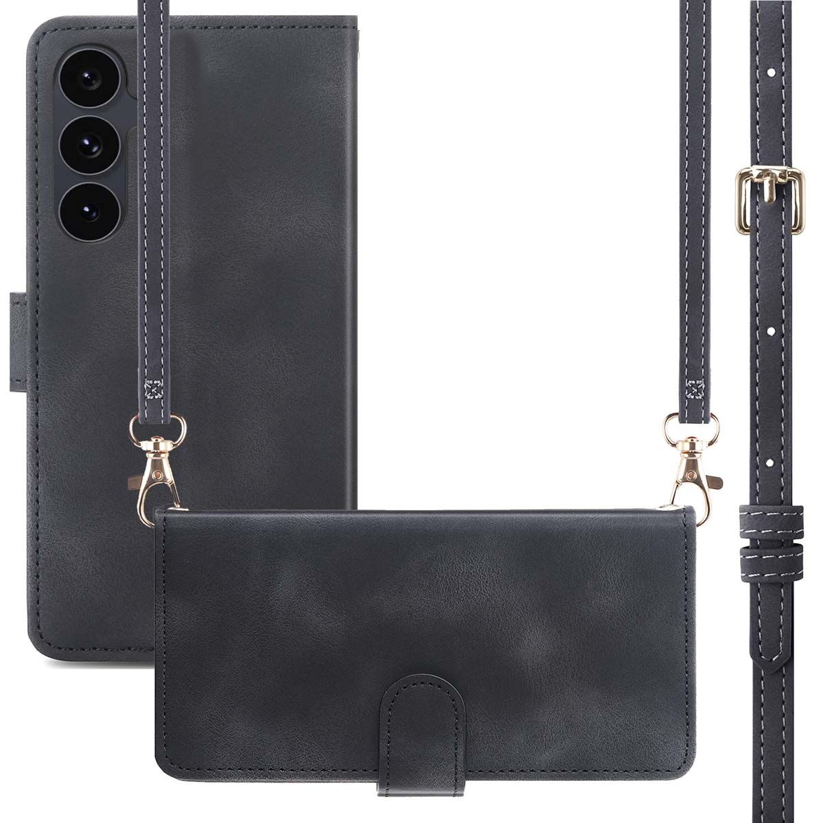 Een zwarte leren telefoonhoes met een riem. De hoes heeft een klepsluiting en een gouden sluiting. De riem is ook van zwart leer.