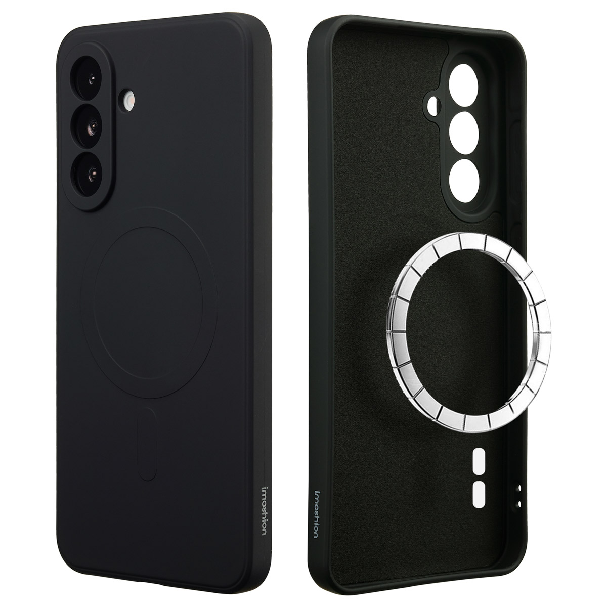 Twee zwarte telefoonhoesjes. Eén toont de achterkant met camera-uitsparingen. De andere toont de binnenkant met een zilveren magnetische ring.