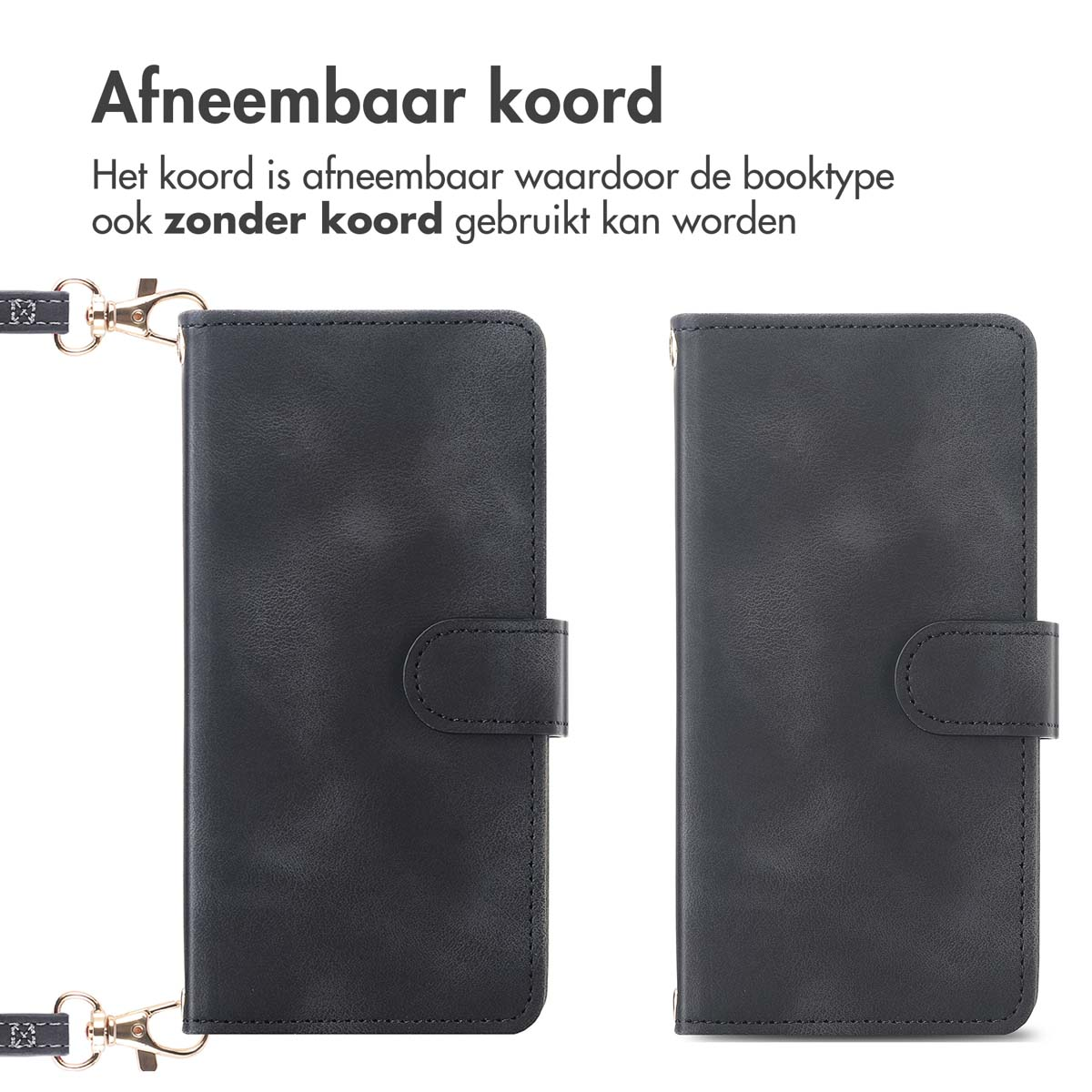 Twee donkergrijze telefoonhoesjes, een met een bandje. Tekst luidt: 'Afneembaar koord' en legt de afneembaarheid van het koord uit.