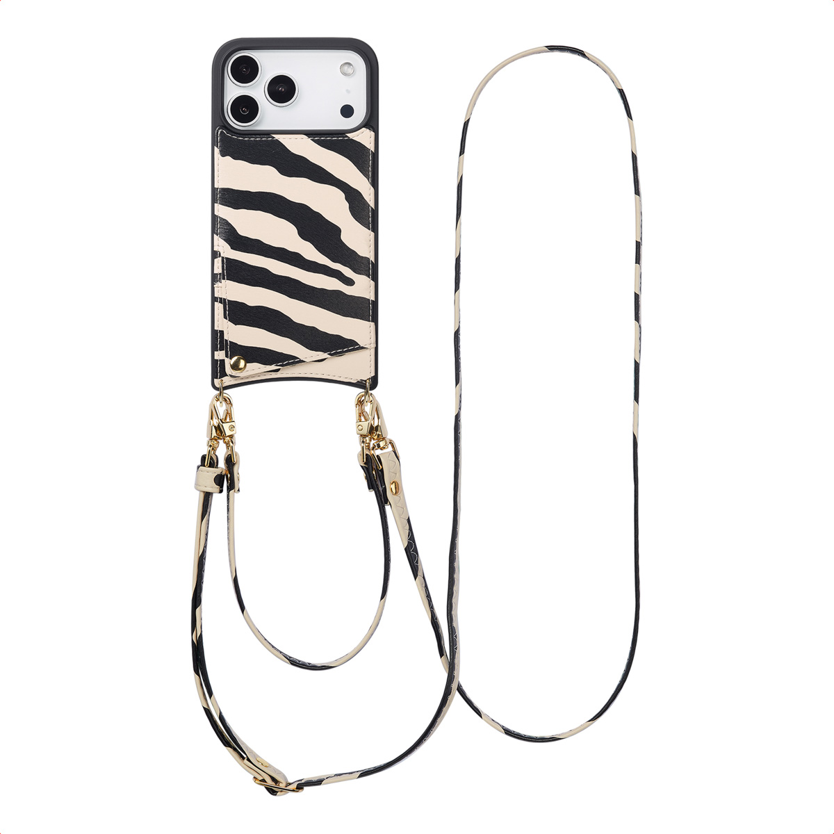Une coque de téléphone avec un imprimé zèbre et une sangle. L'étui est noir et blanc, avec une petite poche. La sangle est également zébrée.