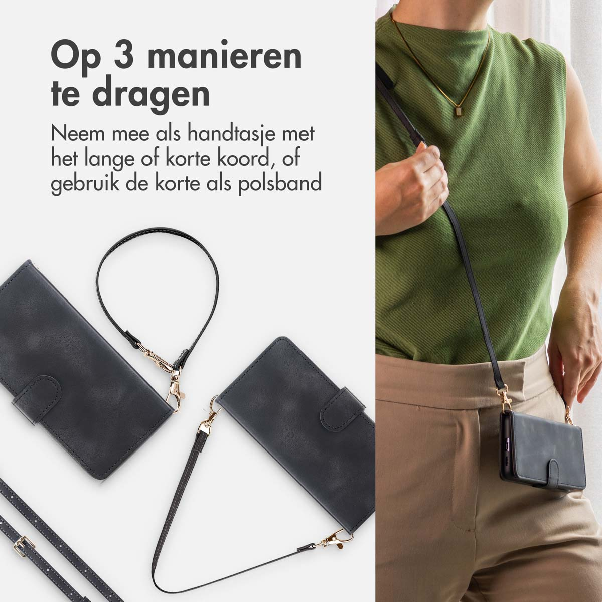 Een vrouw in een groene top en beige broek houdt een zwarte telefoonhoes met een riem vast. Twee andere telefoonhoesjes en riemen links.