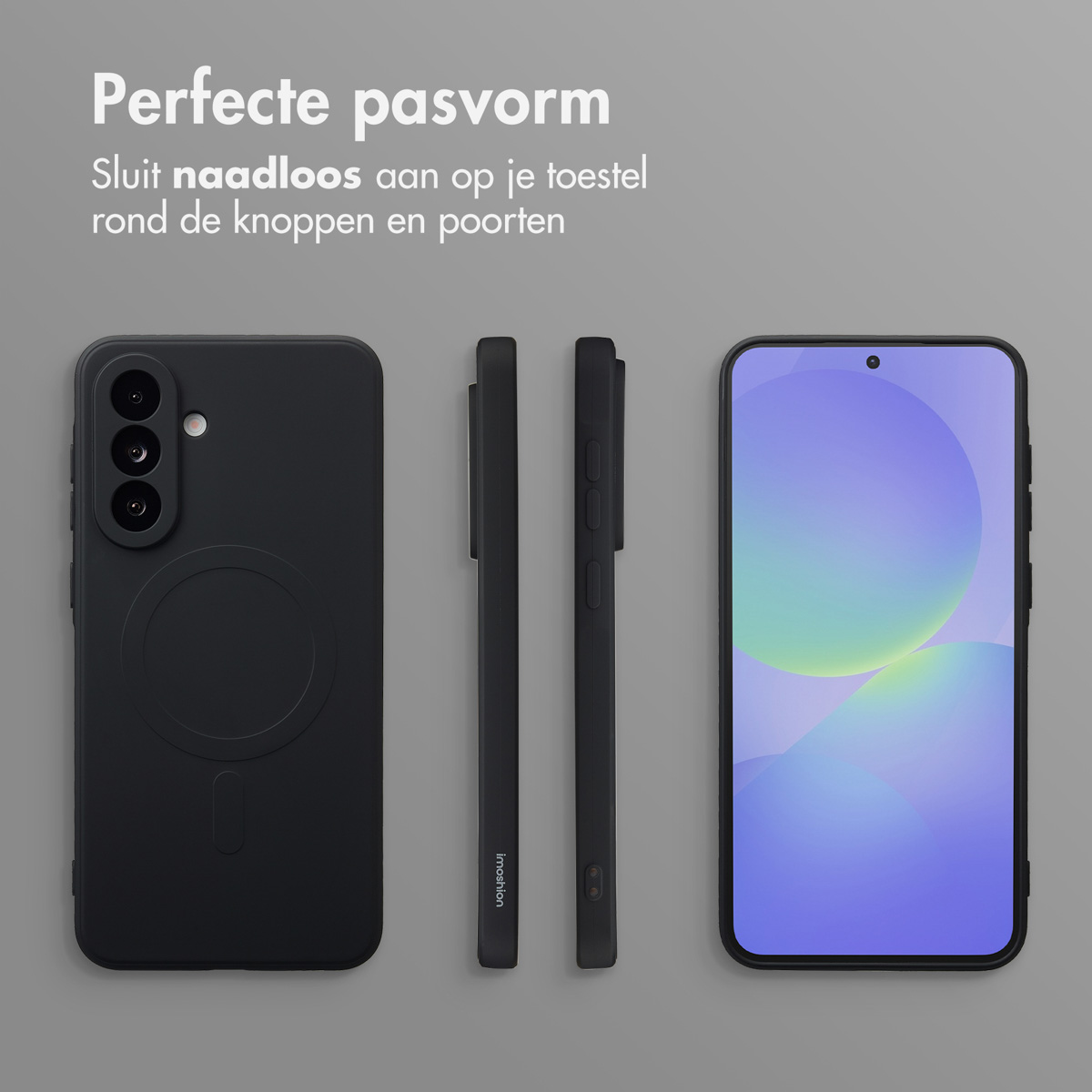 Zwarte telefoonhoes en telefoon met een blauw-groen scherm. Er zijn twee andere zwarte hoesjes aan de zijkant getoond.
