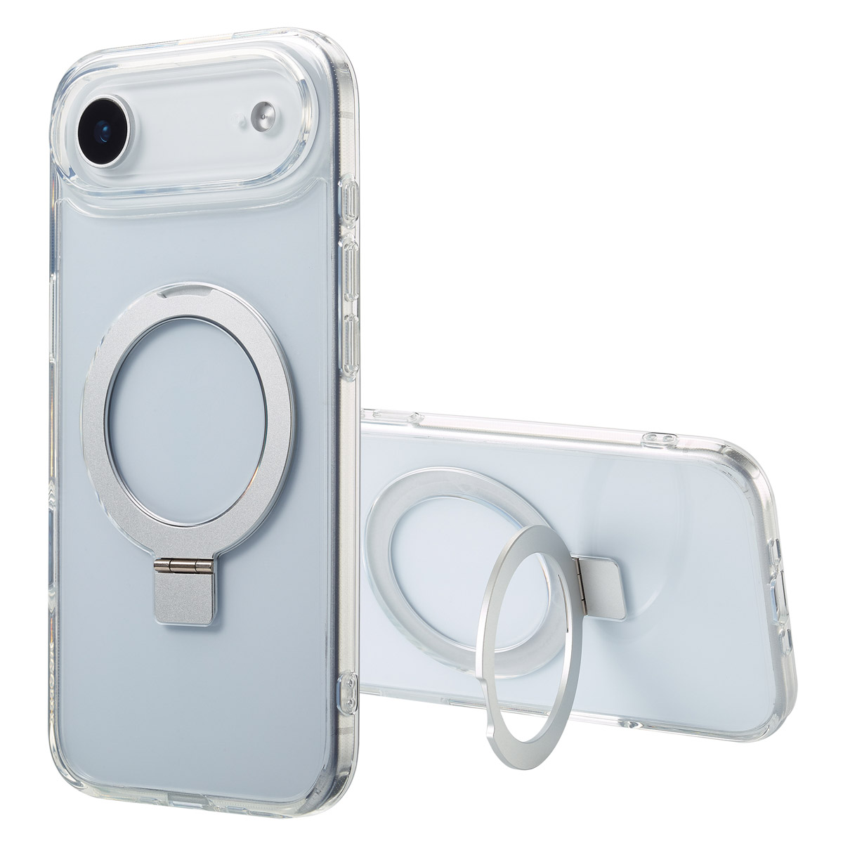 Twee doorzichtige telefoonhoesjes met zilveren ringen en een scharnier. Eén hoesje staat rechtop, de andere is schuin.