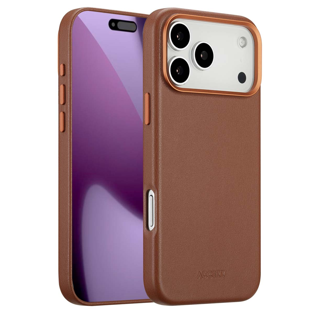 Une coque de téléphone marron avec un cadre et des boutons de caméra cuivrés. L'écran du téléphone est violet. La coque porte le texte ACCEZ en bas.