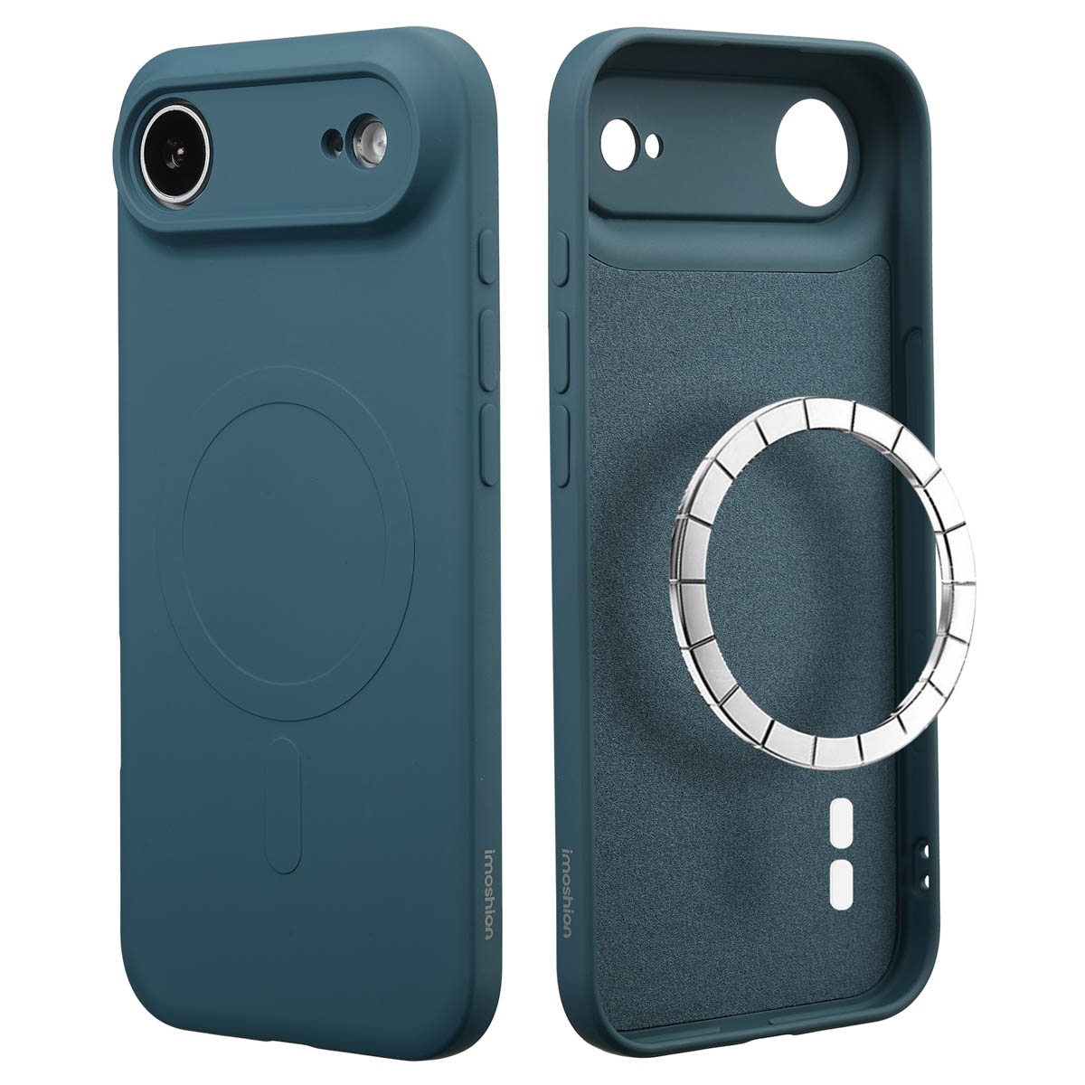 Twee blauwgroene telefoonhoesjes. Eén toont de achterkant met cameralens en de andere de binnenkant met een zilveren ring. Beide hebben Imoshion.