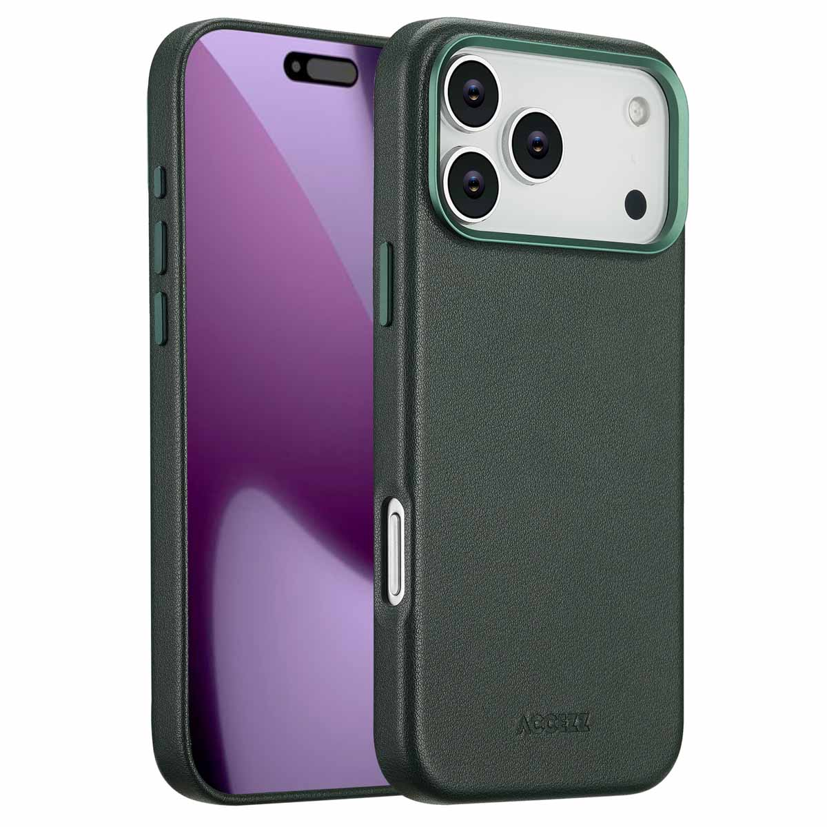 Deux coques de téléphone vert foncé, une avec écran violet. Une coque a des objectifs de caméra, l'écran de l'autre est visible.