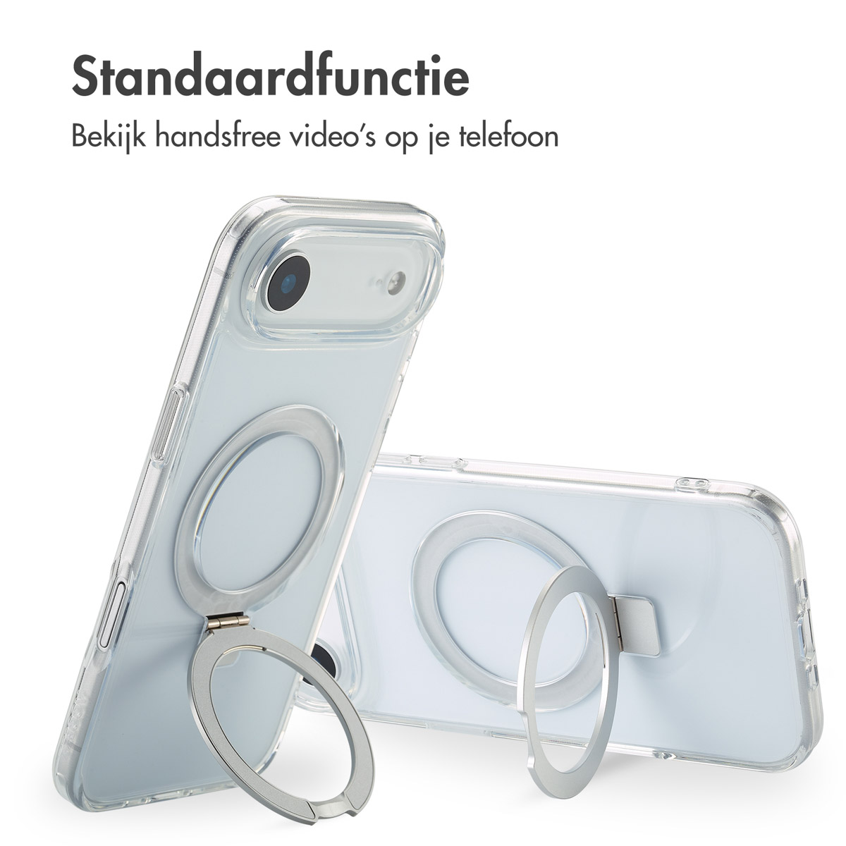 Twee doorzichtige telefoonhoesjes met zilveren ringhouders. Eén staat rechtop, de andere ligt.