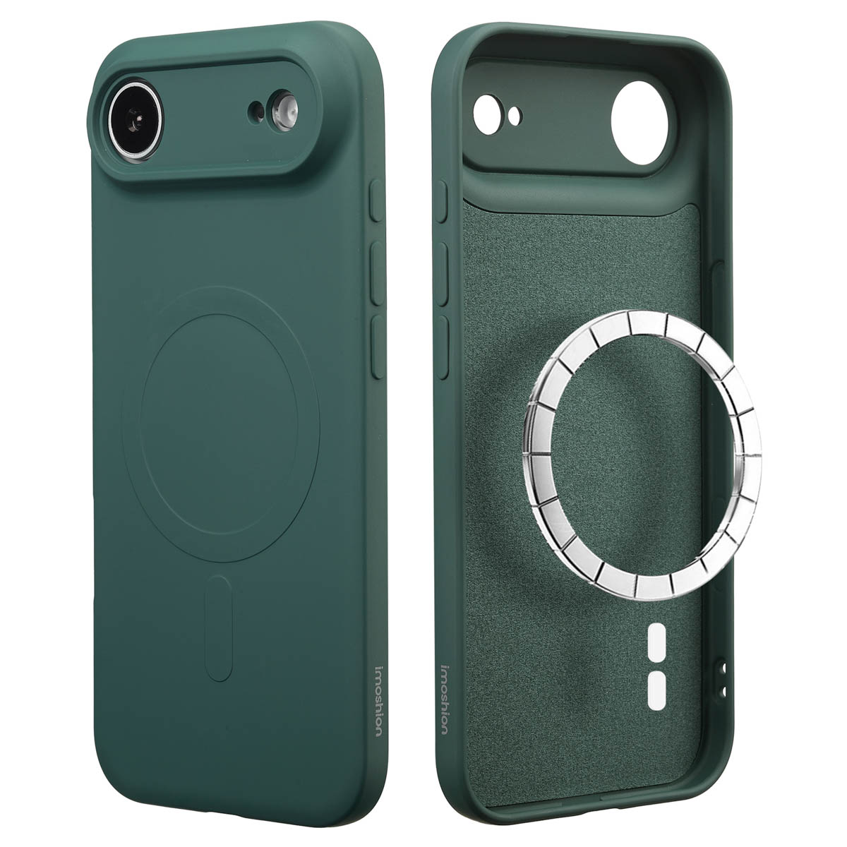 Deux coques de téléphone vertes. L'une a des trous pour l'appareil photo, l'autre un anneau argenté. Les deux coques ont la marque 'imoshion'.